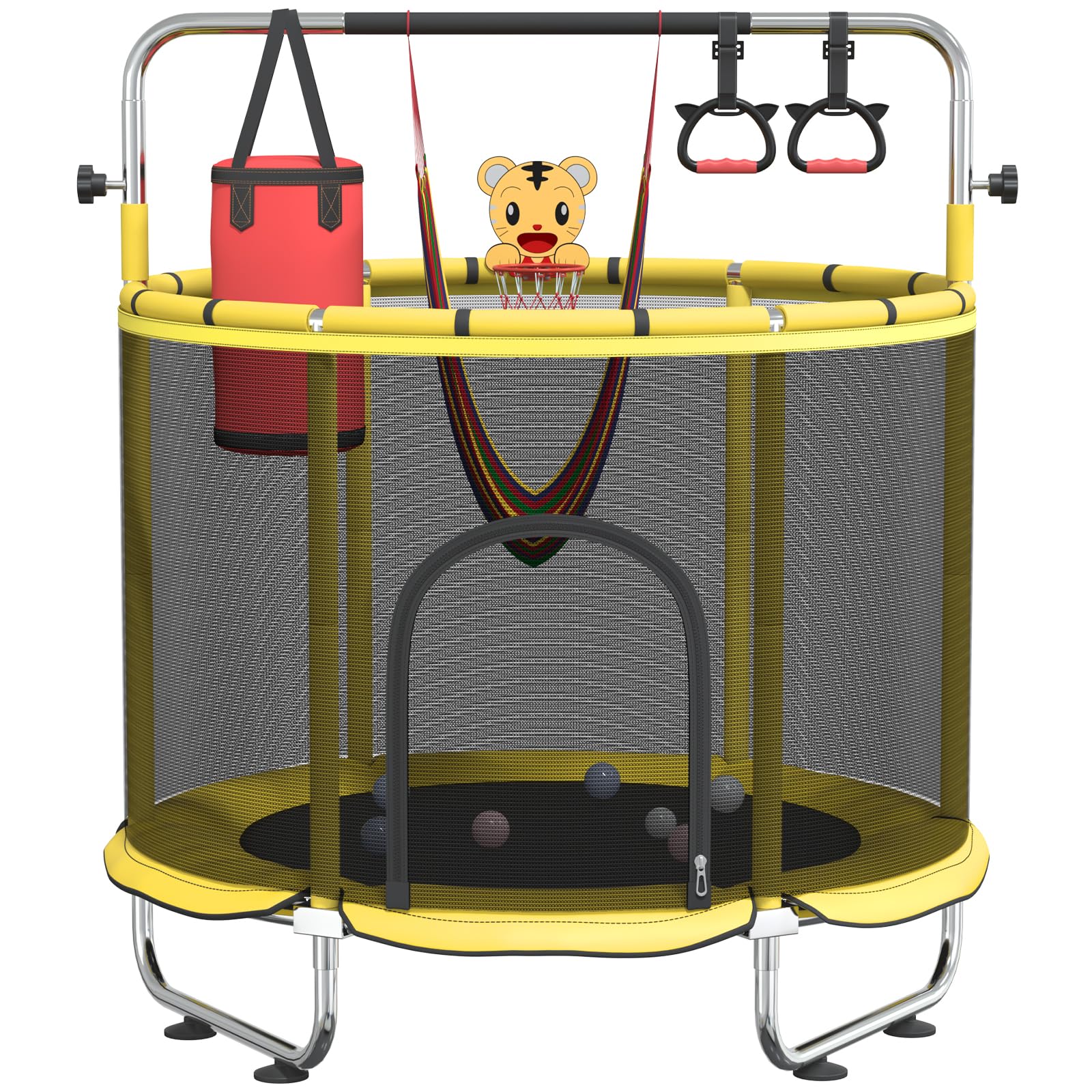 Pelnuies 60" Trampoline for Kids with Safety Net, 440lbs Indoor & Outdoor Toddler Trampoline with Swing, Adjustable Gym Bar & Basketball Hoop, Fun &