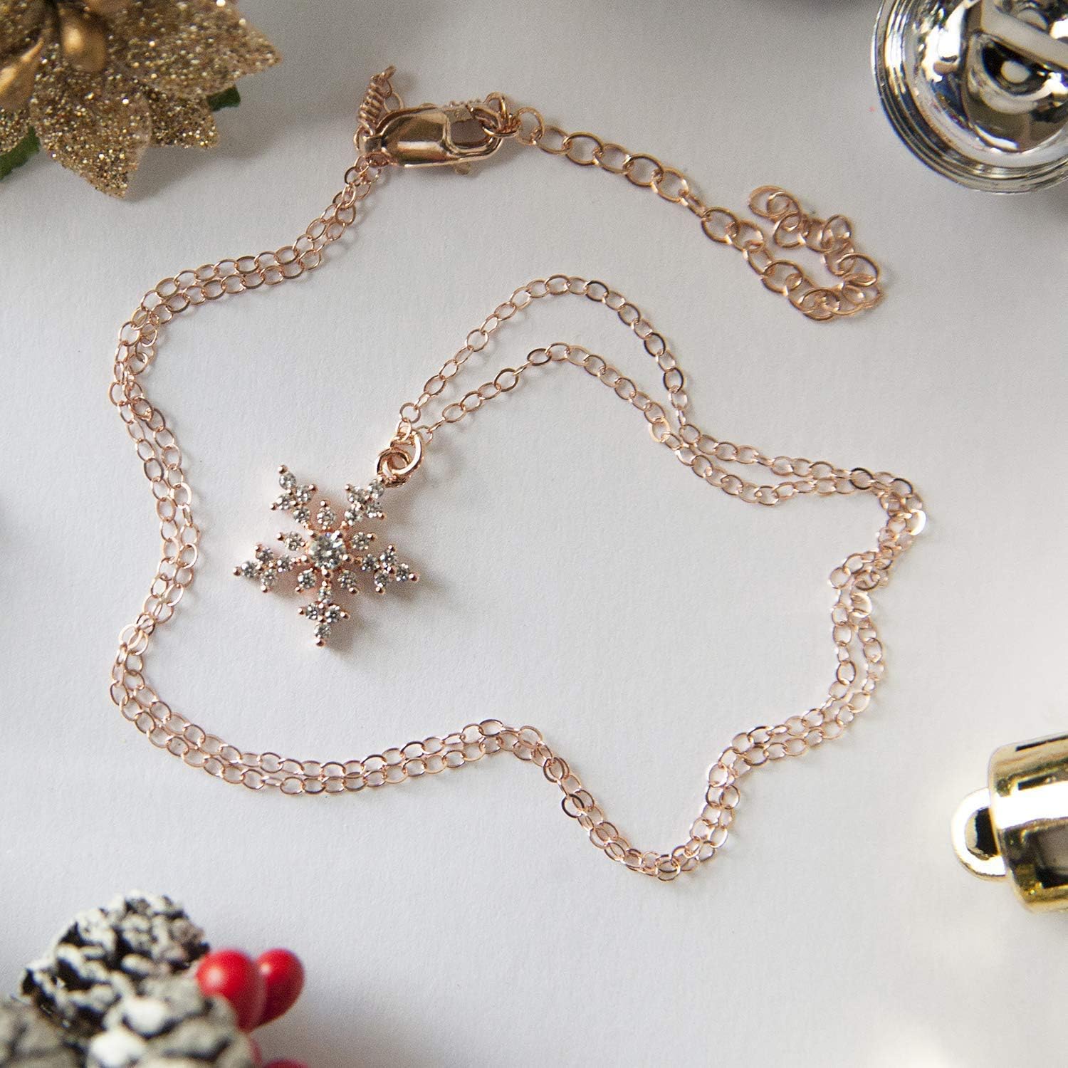Designed By Stacey Handmade 14K Rose Gold-Filled Necklace, Sparkly Snowflake Pendant Jewelry, Christmas Gifts for Women, Birthday, Anniversary, Winter Wedding, Holiday, 16 to 18" Adjustable Length - Image 6