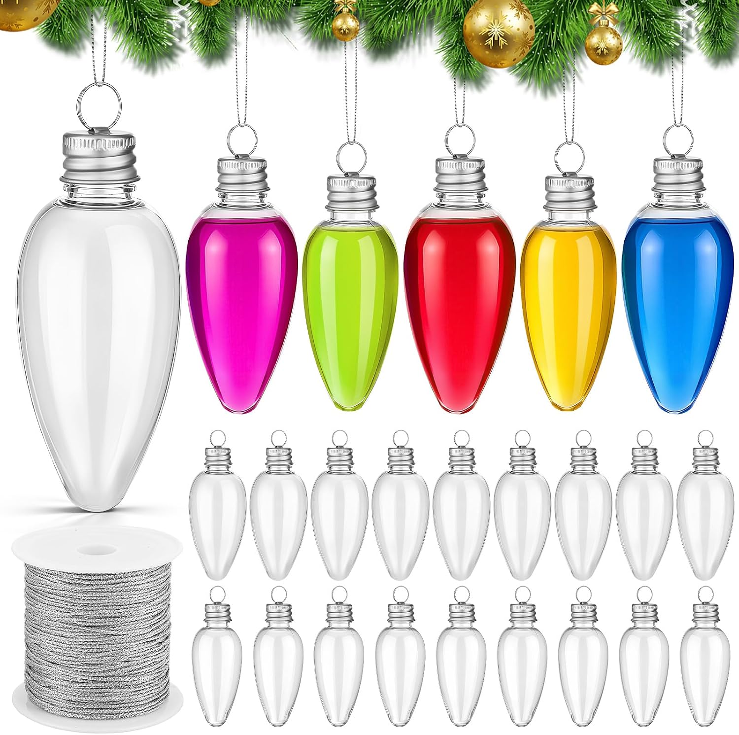 Wettarn 24 Pcs 3.4 Inch & 4 Inch Fillable Christmas Ornaments Clear Plastic Light Bulb Hanging Ornaments with Screw Off Caps and Silver Rope for Christmas Tree Decoration Candy DIY Crafts