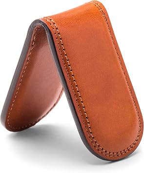 Bosca Mens Leather Money Clip Wallet - Magnetic, Luxury Full Grain Italian Dolce Leather Slim Clip For Men, Hand Stitched, Gift-Ready Packaging, Amber Brown