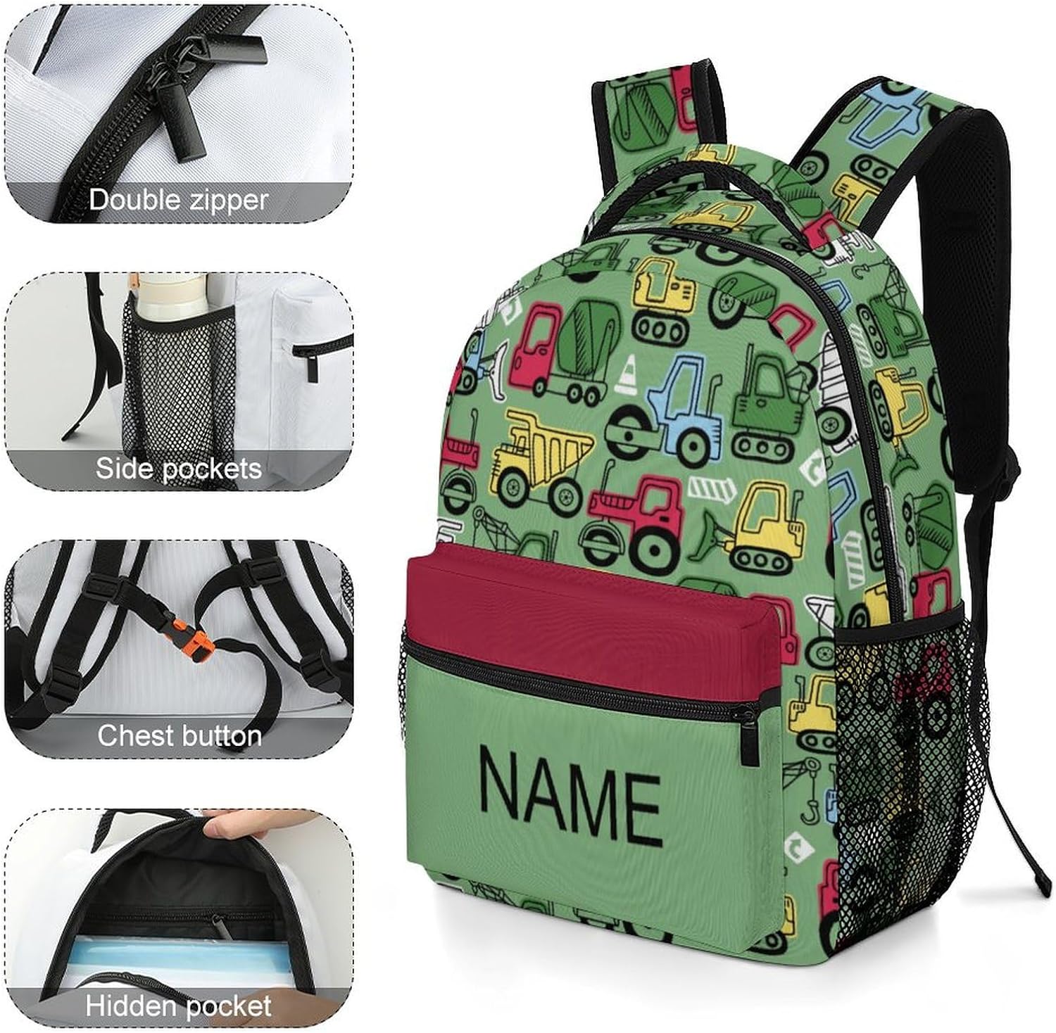 Custom Kid Backpack with Lunch Bag Add Name Personalized Green Cartoon Car 2 Set Children School Bag Customized Bookbag for Boys Girls Student