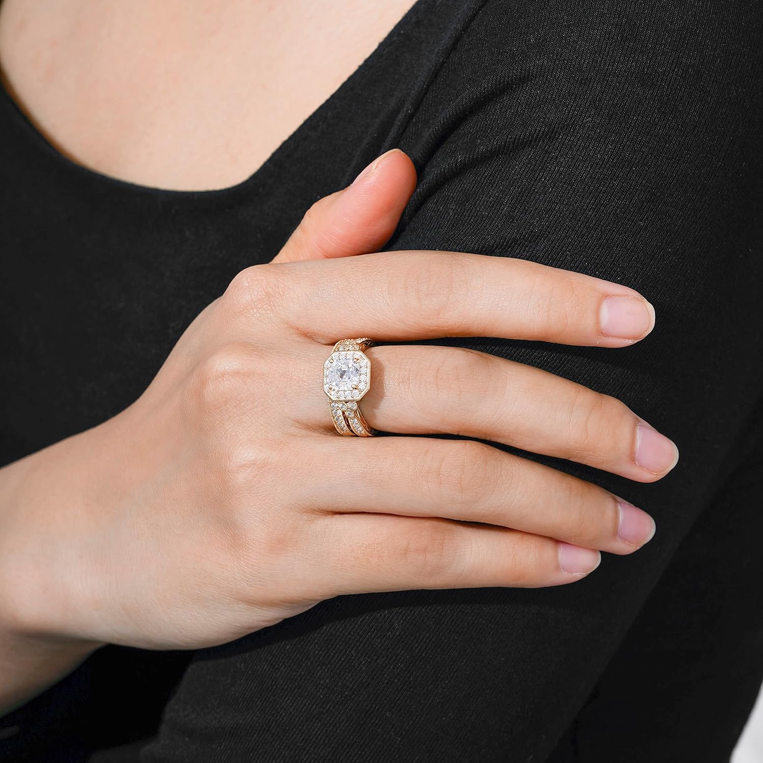 Amazon Essentials Platinum or Gold Plated Sterling Silver Antique Ring set with Asscher-Cut Infinite Elements Cubic Zirconia - Image 6