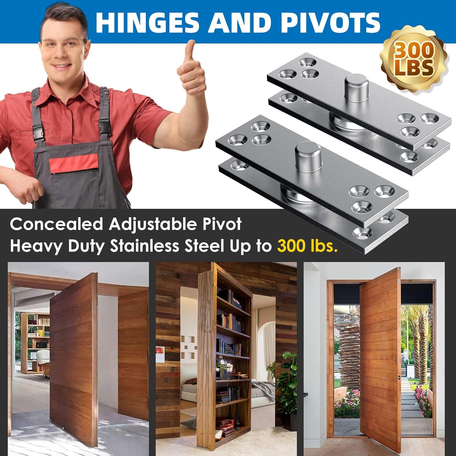 Heavy Duty Hidden Pivot Hinges 300LB Stainless Steel for Murphy Door Bookshelf Secret Room Invisible Door Hardware Kit (Center Mount,1 Set)