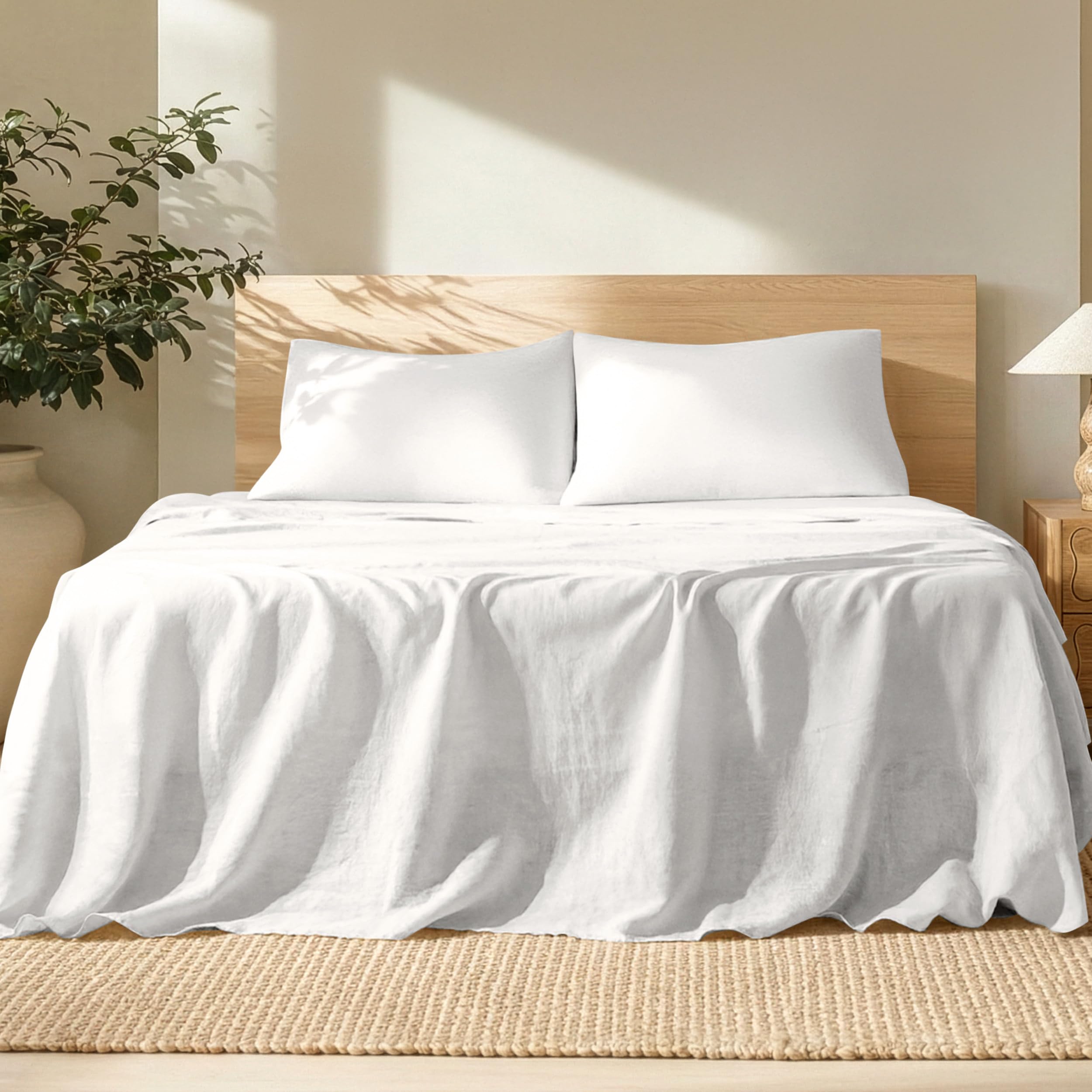 Bare Home Queen Sheet Set - Luxury 100% Linen Bed Sheets - Deep Pockets - Easy Fit - 4 Piece Set - Bedding Sheets & Pillowcases (Queen, Soft White)