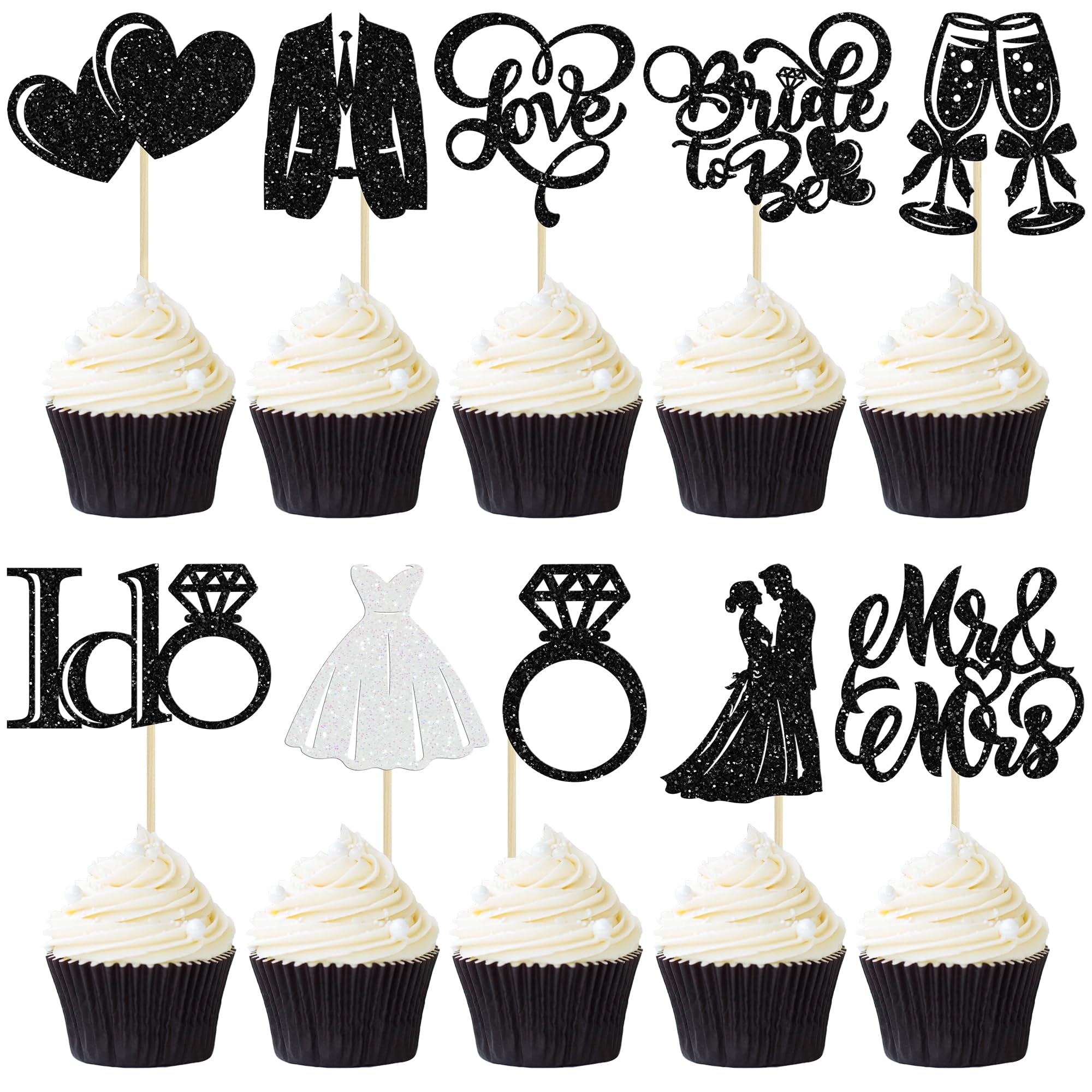 Gyufise 30Pcs Bride to Be Cupcake Toppers Glitter Diamond Ring I Do Love Cupcake Picks Miss to Mrs Bridal Shower Wedding Engagement Bachelorette Cake Decoration Black