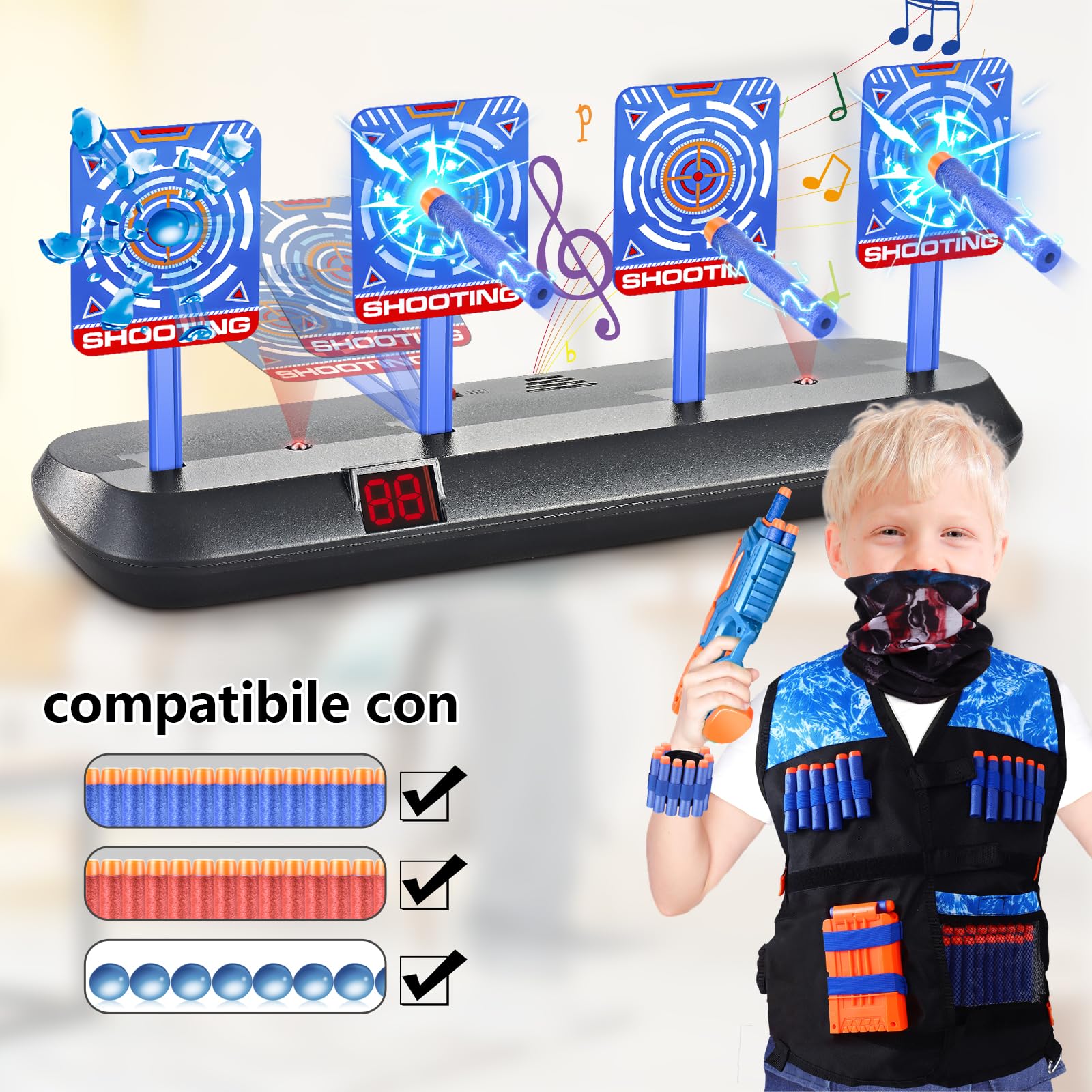 JONRRYIN Bersaglio Elettrico Con Gilet Tattico, 4 Obiettivi, Luci, Suoni e Frecce in Schiuma - Giocattoli per Bambini