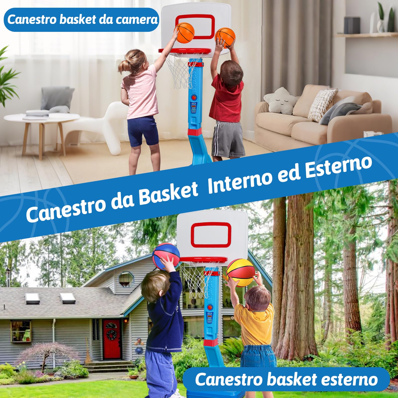 Canestro Basket Bambini Esterno Regolabile in Altezza, Canestro Basket da Camera con Pallone da Basket e Pompa, Giochi Bambini 1 2 3 Anni, Regalo 1 2 3 Anni Maschio Femmina (Blu)