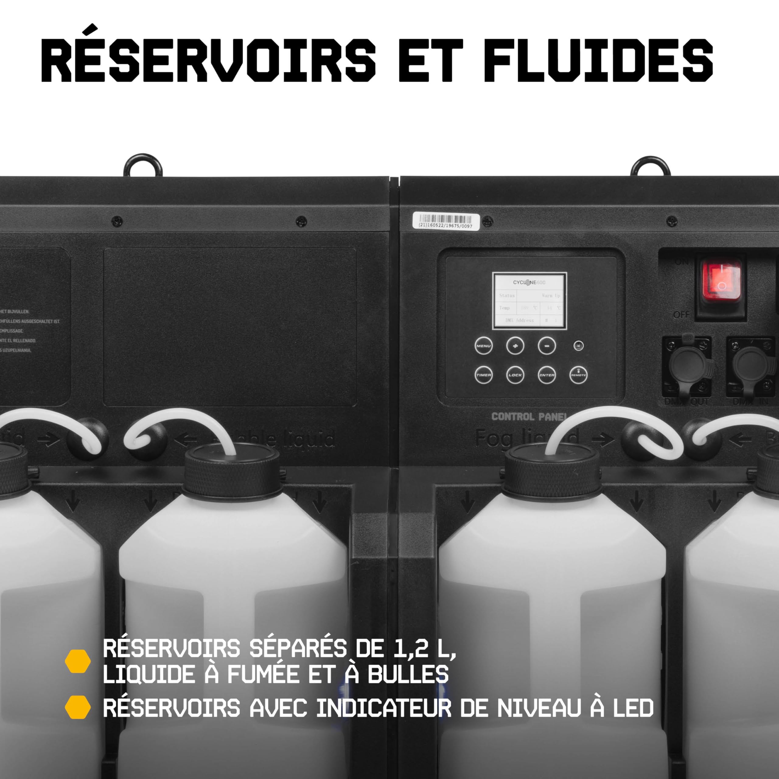 BeamZ Cyclone400 Pack Machine à Fumée et à Bulles 2-en-1 avec 48 LEDs RGBW, 10L de liquide à fumée et 10L de liquide à bulles inclus