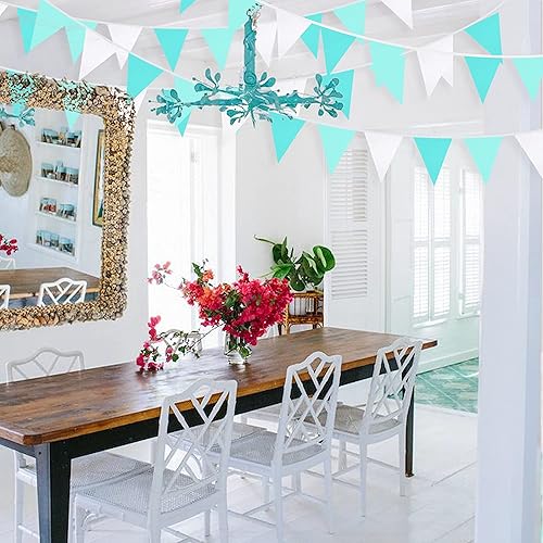Miniatura 6 de Pancarta verde aguamarina de 32 pies para decoración de fiesta, bandera triangular, banderines de tela para boda, cumpleaños, compromiso, novia,