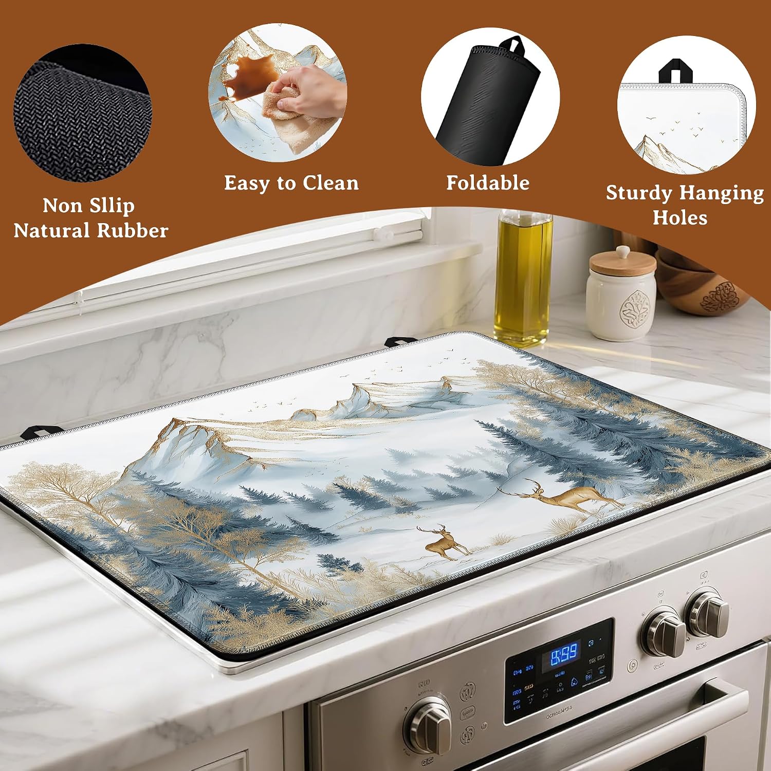 Winter Mountain Electric Stove Top Cover,Forest Deer Stove Top Cover for Electric Heat Resistant Mat for Gas Cooktop Kitchen Washable Countertop Protector Mat 28.5×20.5in