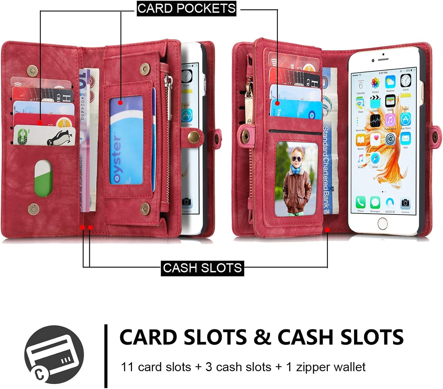 Hynice iPhone 6 Plus iPhone 6S Plus Detachable Wallet Case, Leather Purse for Women with Card Slots Zipper Pocket Removable Shockproof Shell Cover for iPhone 6 Plus 6S Plus 5.5(Red008)