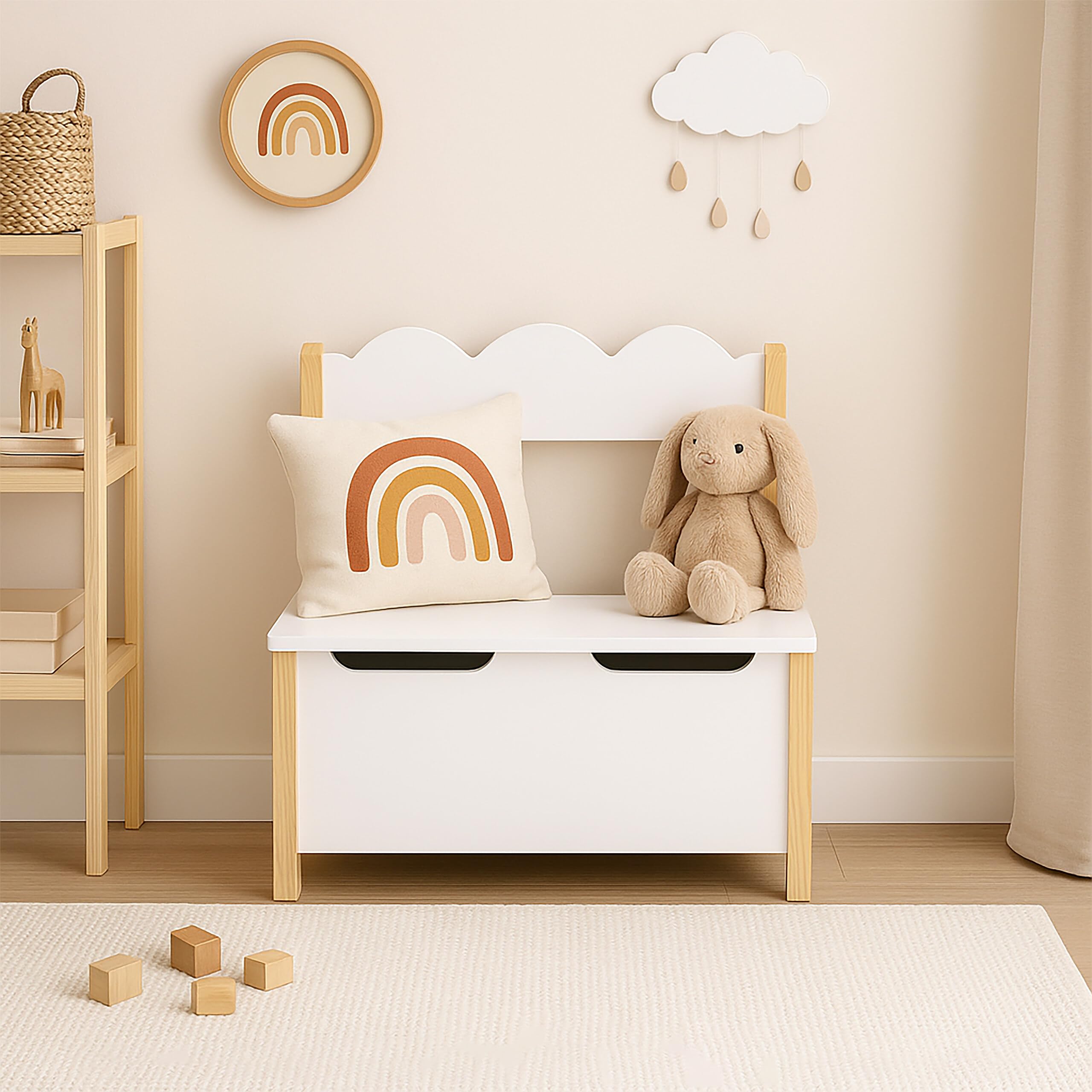 Banc pour Enfants Relaxdays avec Rangement, Couvercle, H x L x P : 60 x 60 x 25 cm, Banc Enfant, Chambre, Blanc/nat.