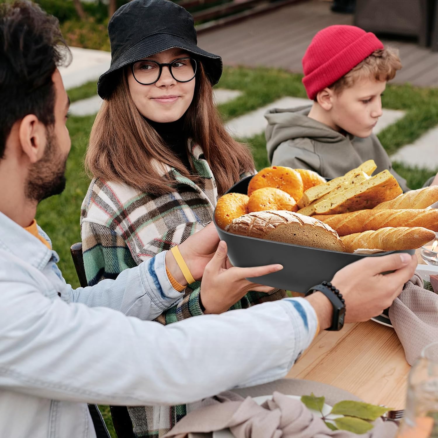 Bread Box for Kitchen Countertop - Bamboo Fiber Bread Bin with Reversible Cutting Board Lid, Juice Groove - Ventilated, Multi-Functional Storage Keeper for Freshness (14.2x7.8x5.5In, Black)