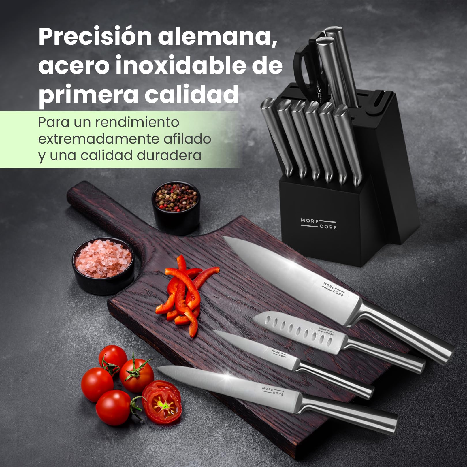 MoreCore Juego de Cuchillos de 14 Piezas, Bloque de Cuchillos con Afilador Integrado, Acero iInoxidable Alemán, Juego de Cuchillos de Chef con Bloque, Cuchillo de Cocina Profesional y Tijeras, Apto Pa