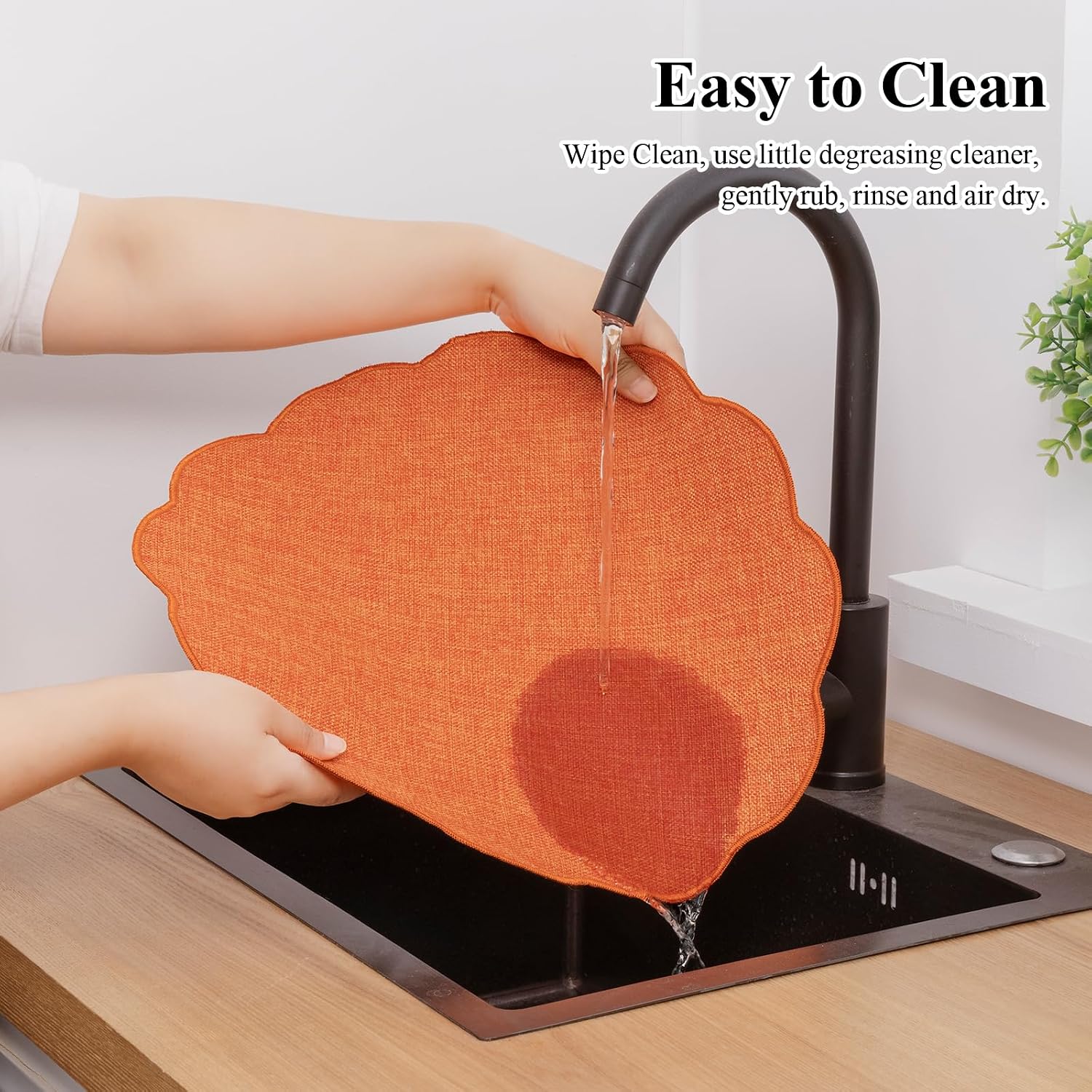SHACOS Scalloped Round Placemats Set of 6 Polyester Linen Blend 15 inch Washable Non Slip Place Mats Heat Resistant Fall Autumn Table Mats for Kitchen Dining Table Decor, Orange