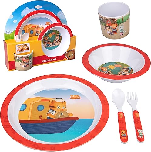 Daniel Tiger - Juego de 5 piezas de alimentación para niños y niños pequeños, incluye plato, cuenco, taza, tenedor y cuchara, cubiertos, duradero,