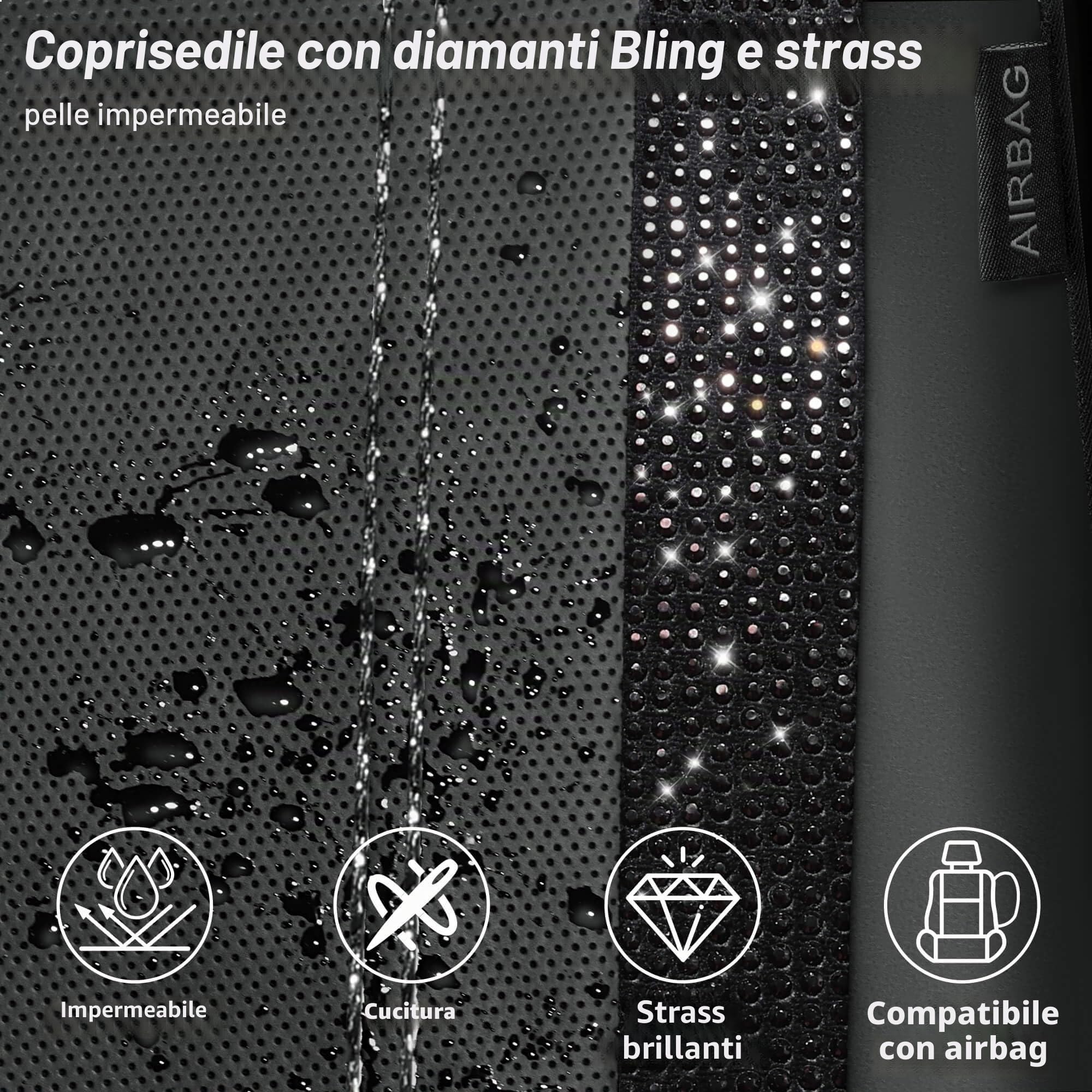 CAR PASS Coprisedili Auto in Pelle Impermeabile Bling Diamante Lucido Cristallo Scintillante, Universale per 95% di Tutti Automobili Camion SUV, Donne Uomini(Anteriore, Nero)