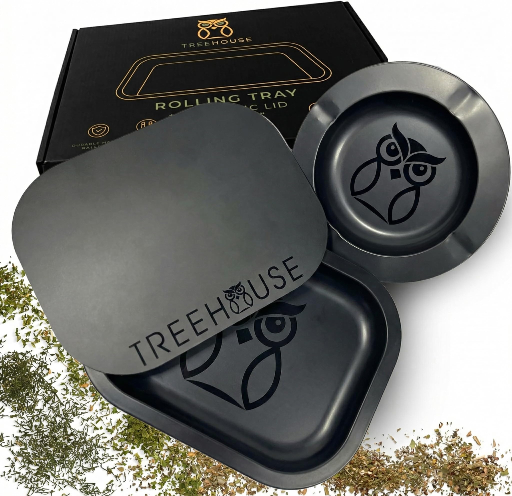 Black Treehouse Rolling Tray Set with PVC Soft Magnetic Lid, Ashtray Included for Home Storage or Travel - 7" x 5.5", Small, Cute