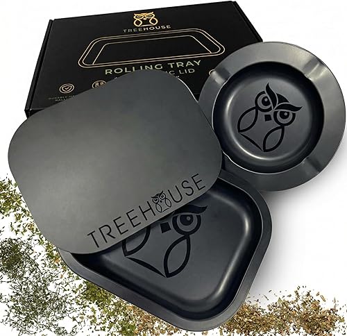 Black Treehouse - Juego de bandejas rodantes con tapa magnética suave de PVC, cenicero incluido para almacenamiento en el hogar o viajes, 7 x 5.5