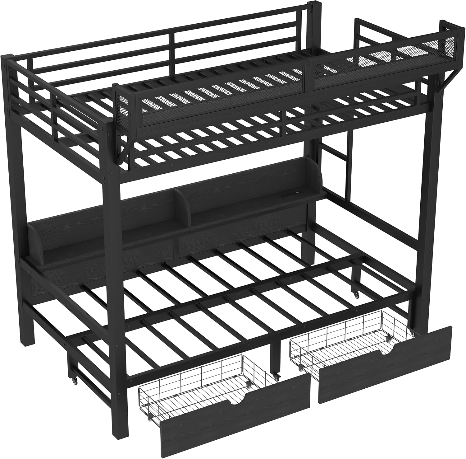 Twin XL Over Twin XL Size Bunk Bed, Bedroom Furniture Bunk Bed with LED Lights and USB Charging Ports, Metal Bed Frame with Convertible Bottom Bed, Storage Shelves and Drawers for Kids Adults