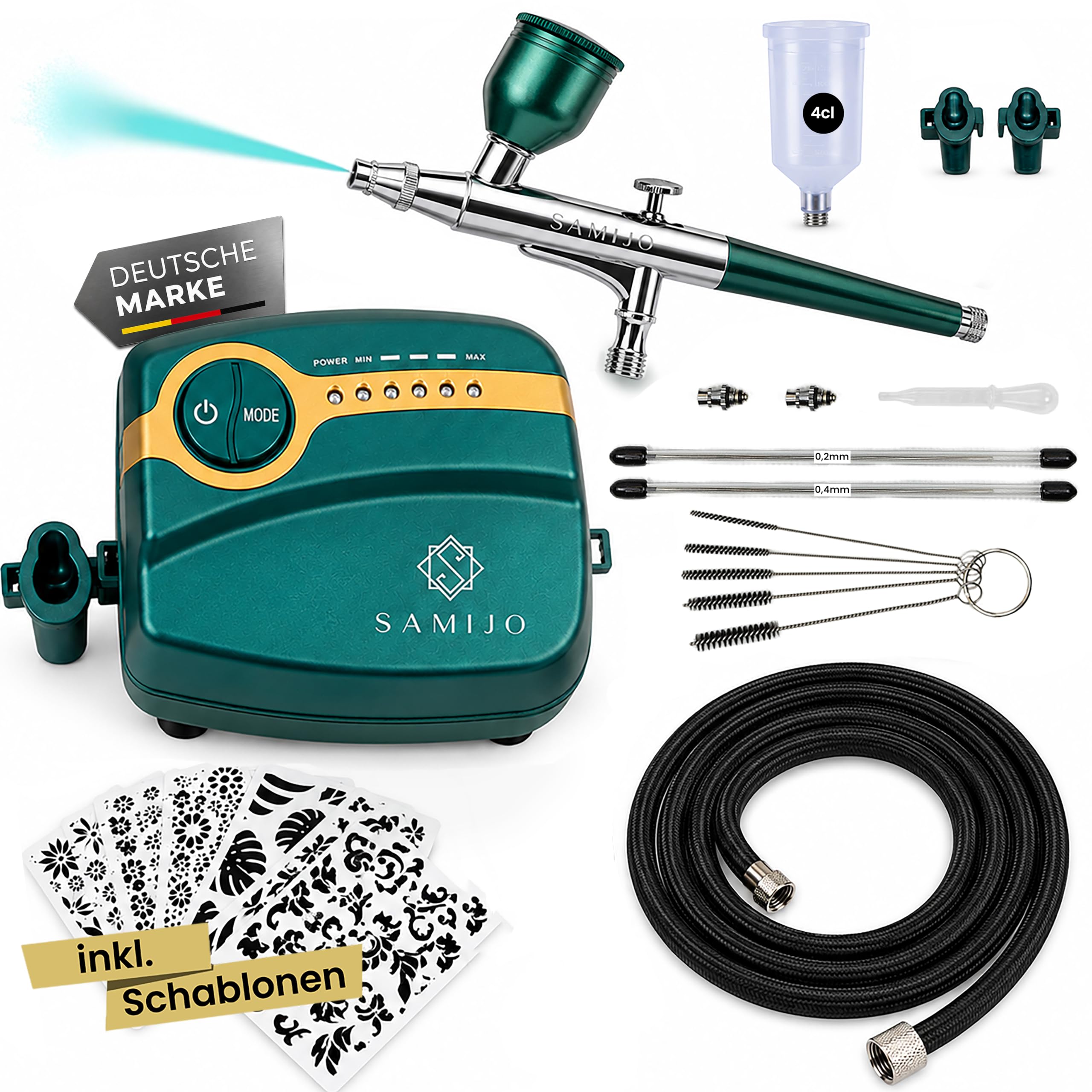 SAMIJO Airbrush Set mit Kompressor, leise, kompakt, vielseitig, Airbrush-Set für Einsteiger, inkl. [DIY SCHABLONEN] Dein Komplettset für Modellbau, Haut, Nails und vieles mehr, eisgrün