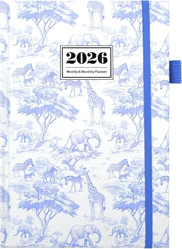 2026 A5 Weekly & Monthly Planner – Hardcover Safari Animal Print Calendar Notebook with Elastic Band Closure, Efficient Time Management Agenda