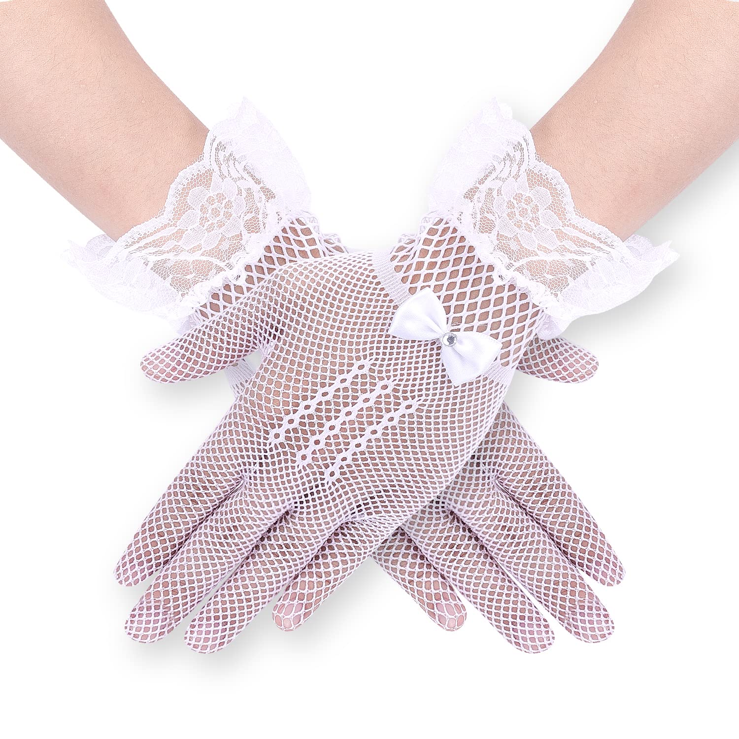 KINBOM Guantes de Encaje Elegantes Guantes Cortos Guantes de Encaje para Mujer con Lazo de Diamantes Guante de Muñeca