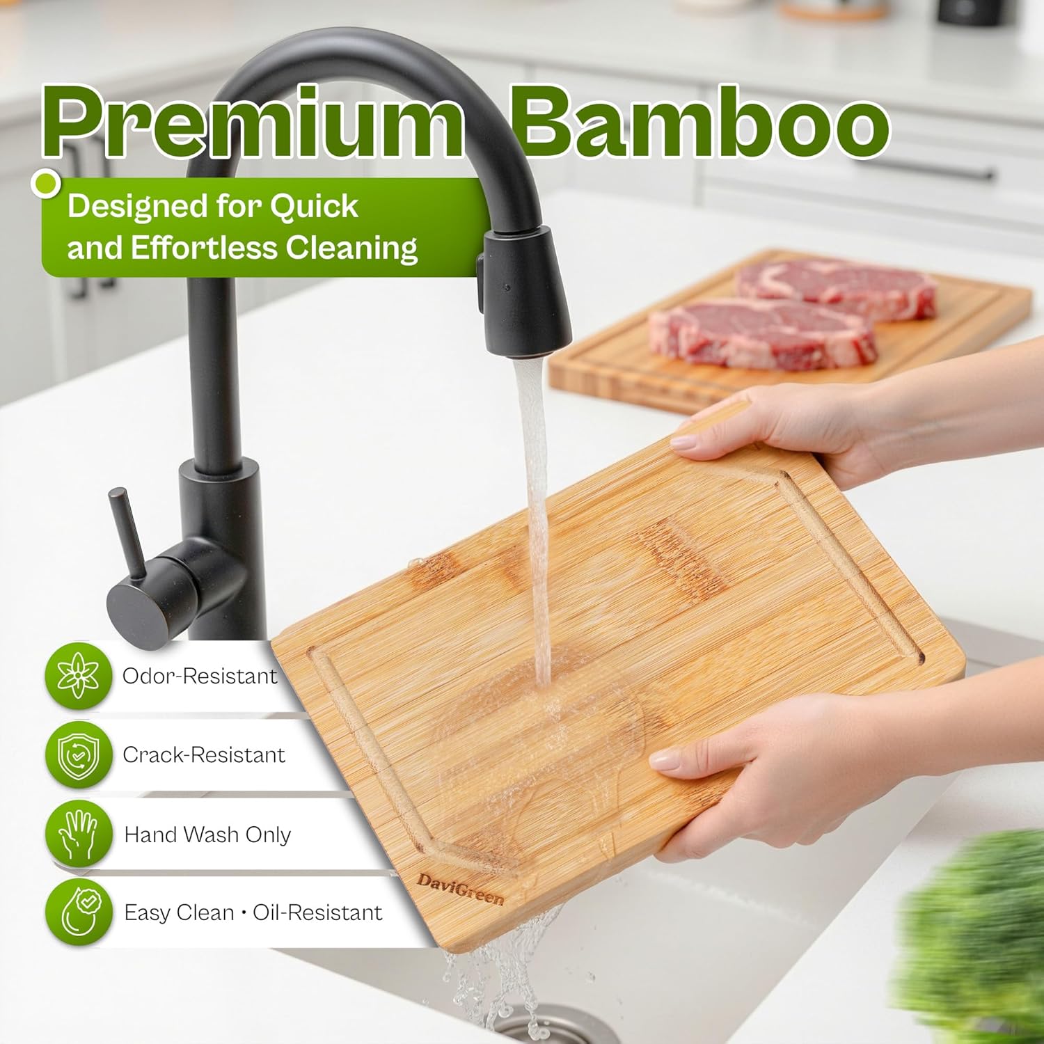 Bamboo Cutting Board Set of 3 for Kitchen, Bamboo Cutting Boards, 0.6 Inch Thick, Juice Groove, Hidden Handles, Reversible, Natural Bamboo Finish, SGS Tested