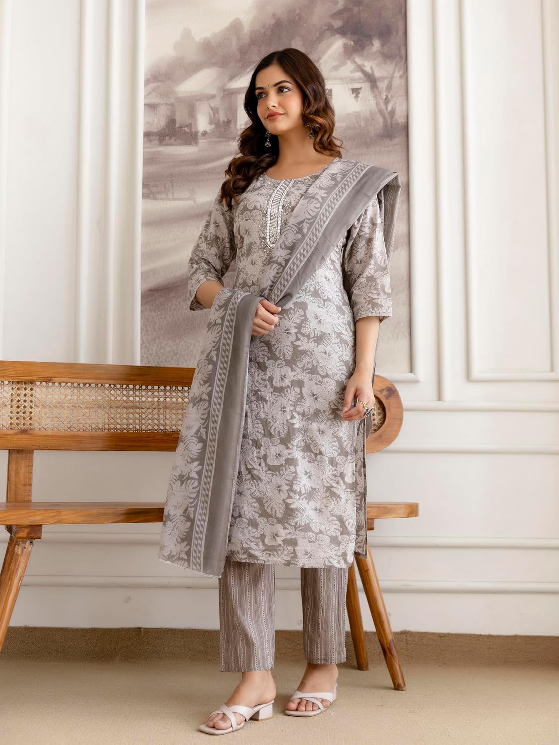 TRENDMALLS Women’s Pure Cotton Floral Print Kurta Pant with Dupatta Set | Beads Embroidery Neck Work Kurta Set Ethnic Wear