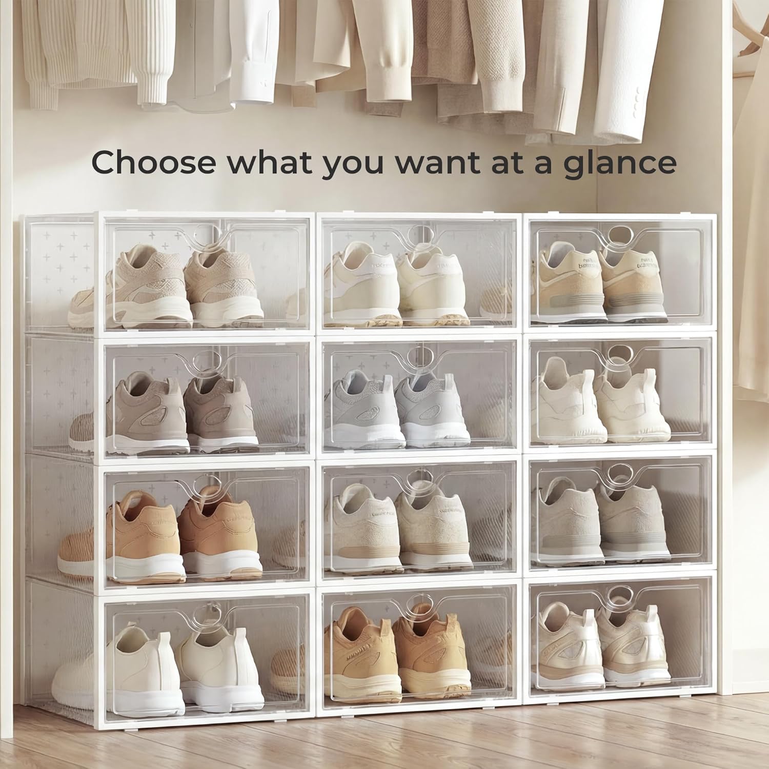 Pinkpum 15 Pack X-Large Shoe Storage Boxes Fit US Size 11, Shoe Organizer for Closet Clear Plastic Stackable Shoe Dispaly Case Holder Bins, Sneaker Storage for Sneakerheads White for Home and Family