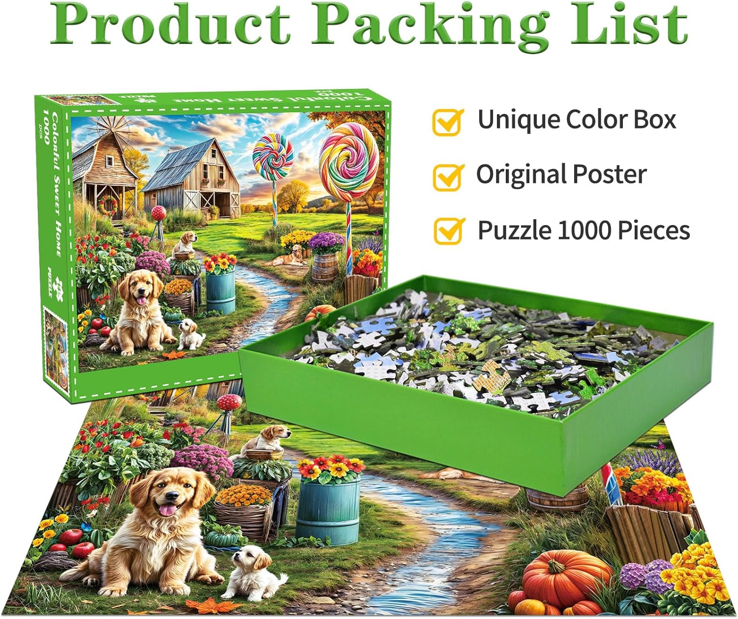 Jigsaw Puzzles for Adults 1000 Piece Puzzle for Adults 1000 Pieces Puzzle 1000 Pieces-Enchanted Rural Scene Dogs Barns and Colorful Lollipops