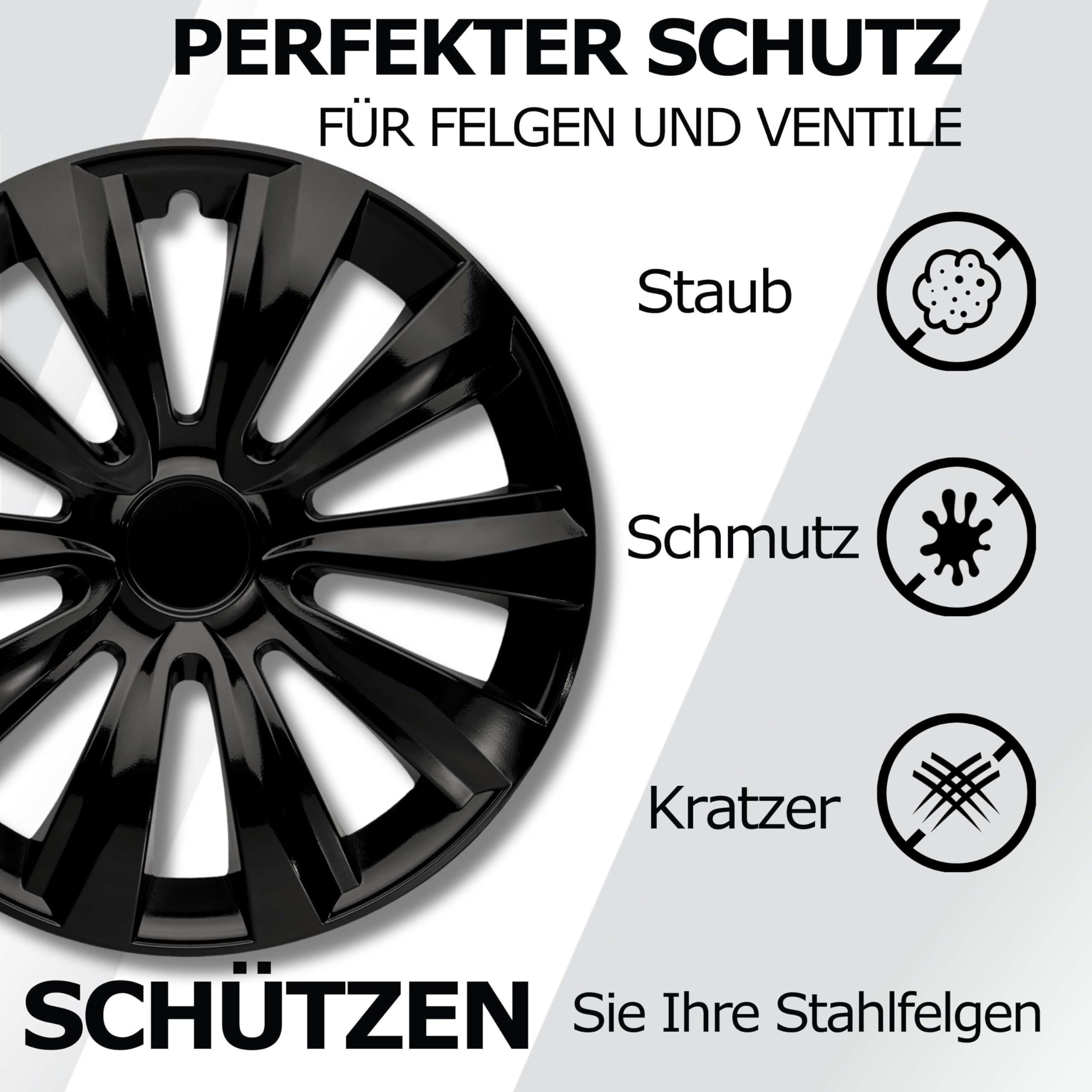 Radkappen 15 Zoll Schwarz Radzierblenden 4er-Set Deltanos für Stahlfelgen | Zierkappen, Radblenden & Felgenabdeckung, rostfrei & witterungsbeständig, einfache Clip-Montage, für die meisten Automarken