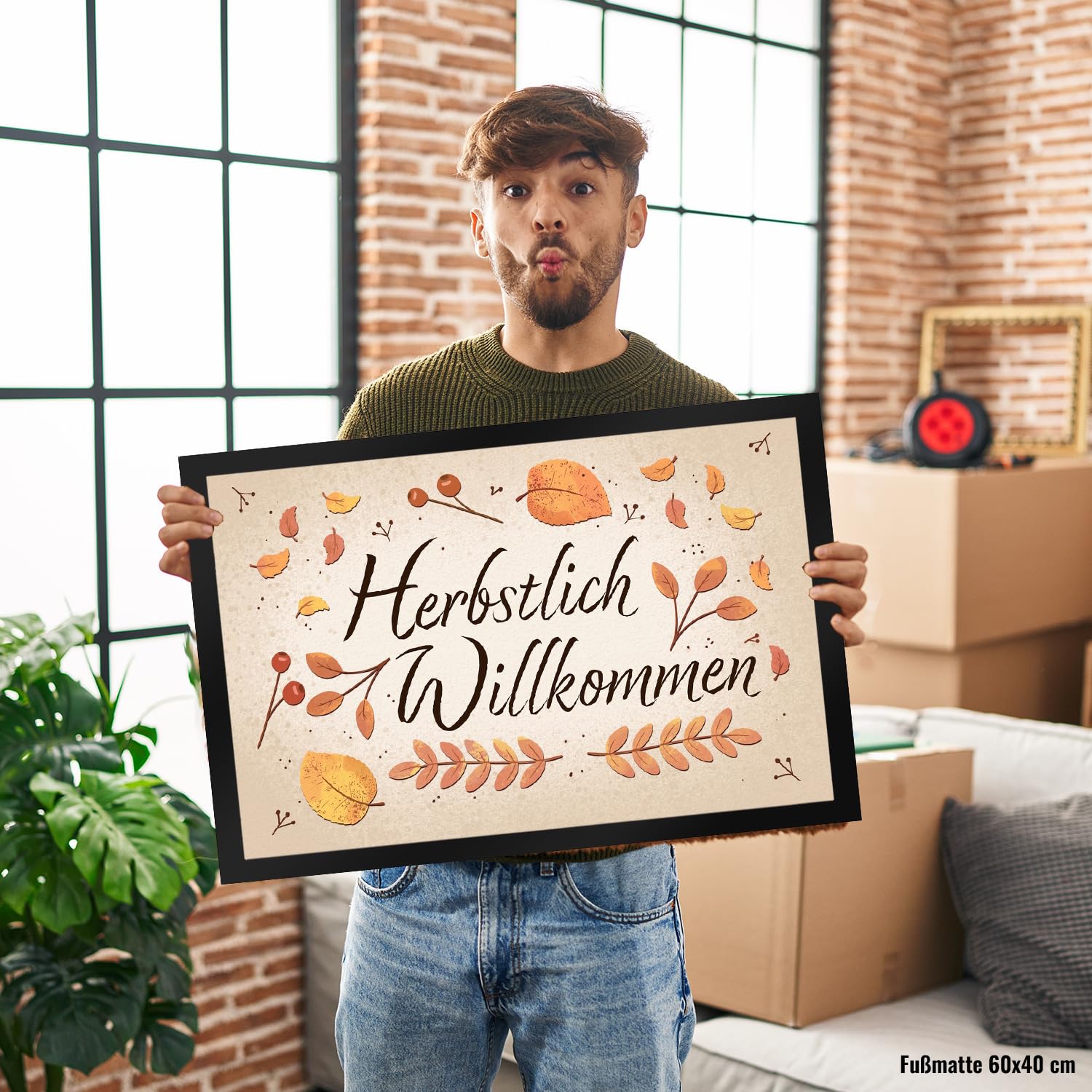 speecheese Herbstlich Willkommen Fußmatte XXL in 50x75 cm mit bunten Blättern schöner Fußabstreifer für den Herbst mit Laub und Beeren verziert um Freunde im Herbst willkommen zu heißen