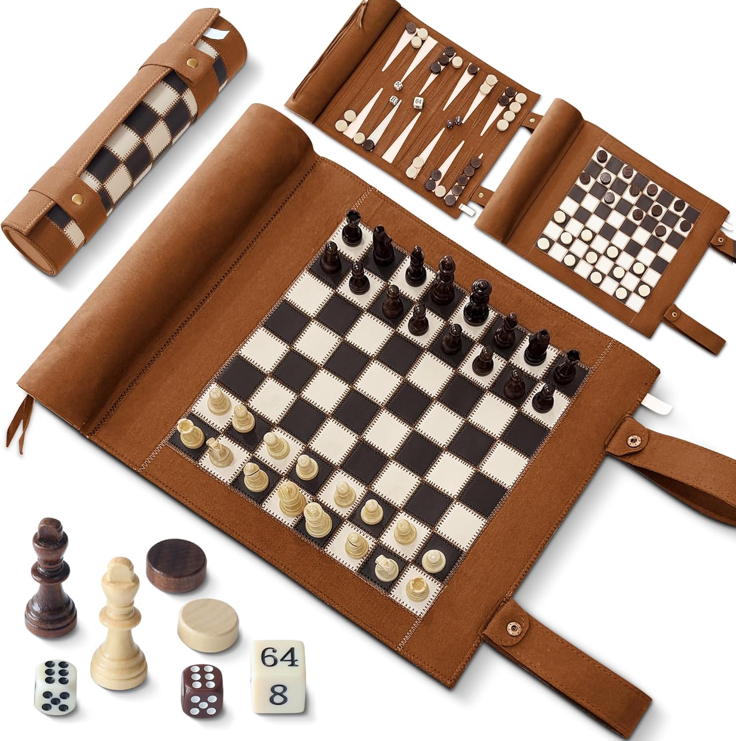 Woodronic Magnetic Chess Checkers Backgammon Set, 3 in 1 Magnetic Chess Game for Adult, Roll-up Portable Suede Board Game for Outdoor, Travel Backgammon Strategy Game Set for 2 Players, Brown