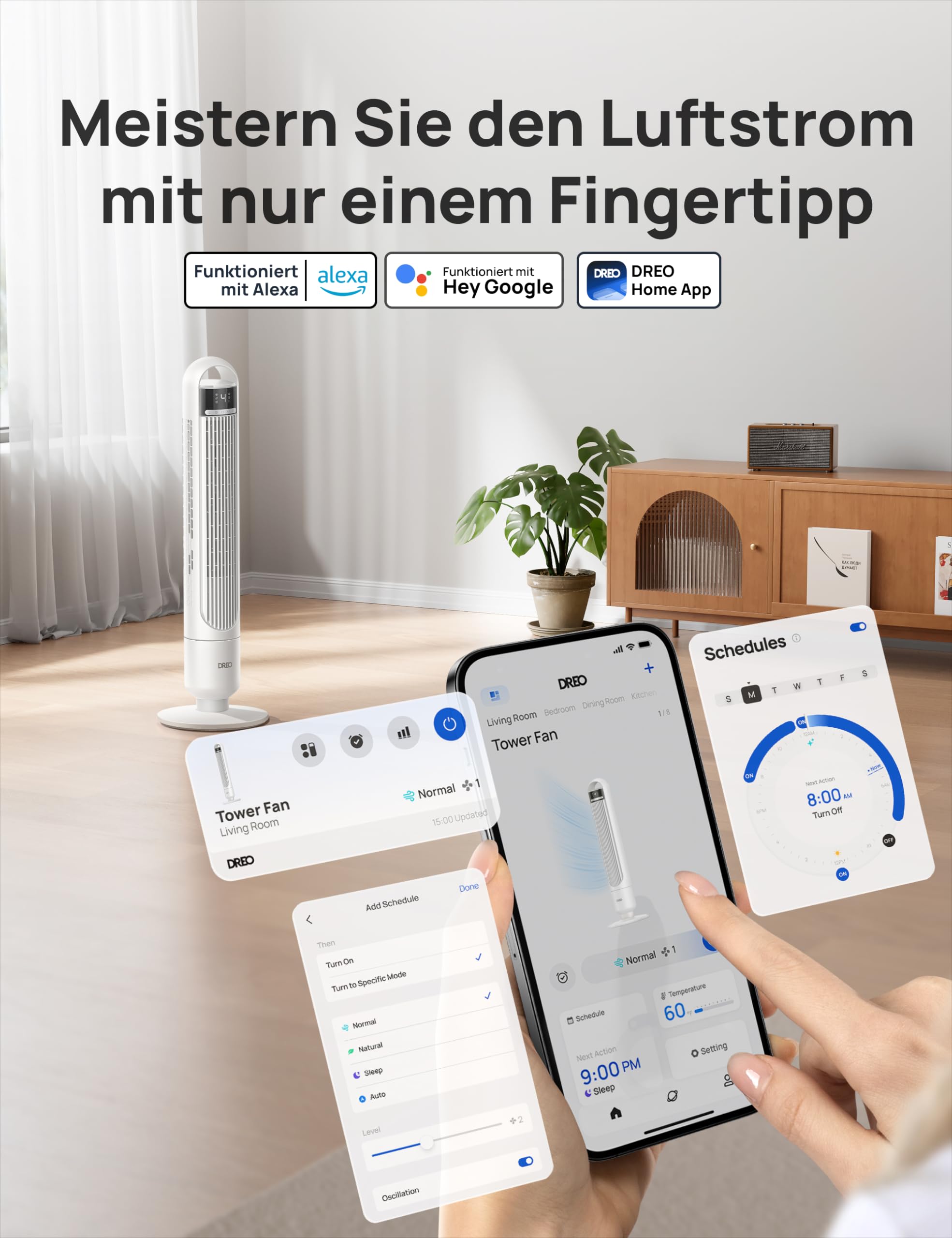 DREO Smart Turmventilator fürs Schlafzimmer, leiser Standventilator mit 28 dB, Luftreichweite bis 8,8 m, 4 Stufen & 3 Modi, 8 Std.-Timer, App, Alexa & Google, 90° Oszillation, für Zuhause/Büro