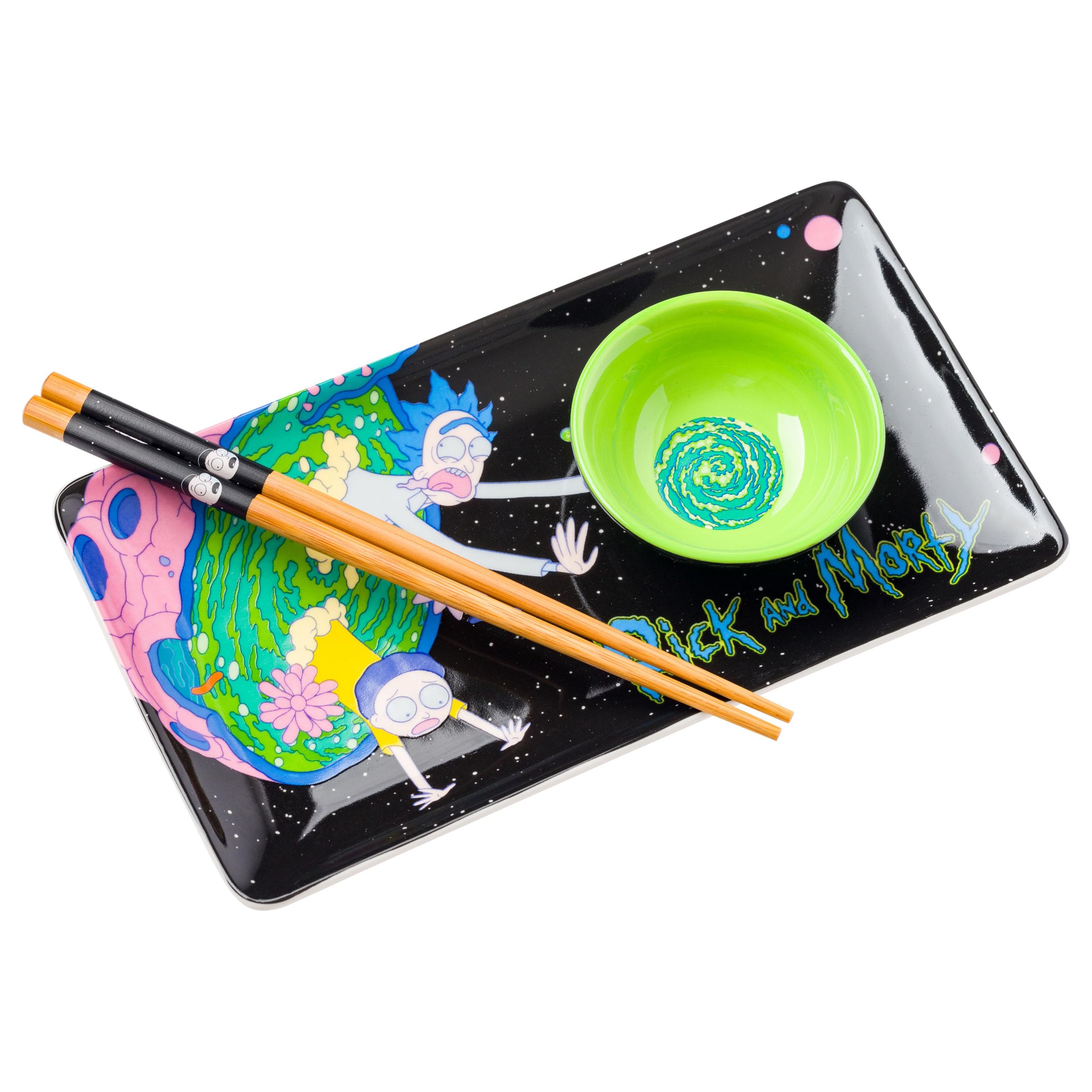 Silver Buffalo Rick and Morty Plant Portal Fall Ceramic Sushi Set with Dipping Sauce Dish and Matching Chopsticks