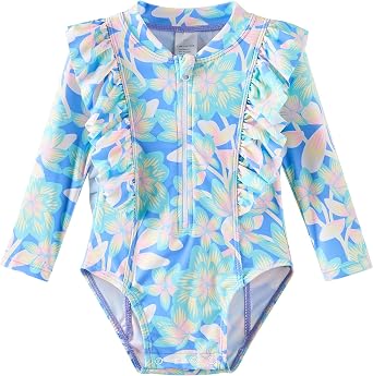 Baby Toddler Girls Swimsuit One Piece Long Sleeve Rash Guard Bathing Suit UPF 50+ Sun Protection