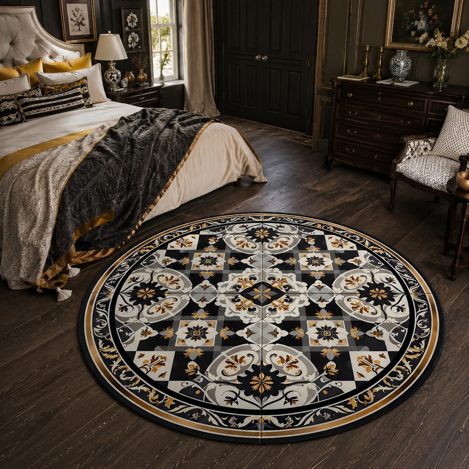 Tapis rond 110 cm vintage noir jaune gris pour table de salle à manger