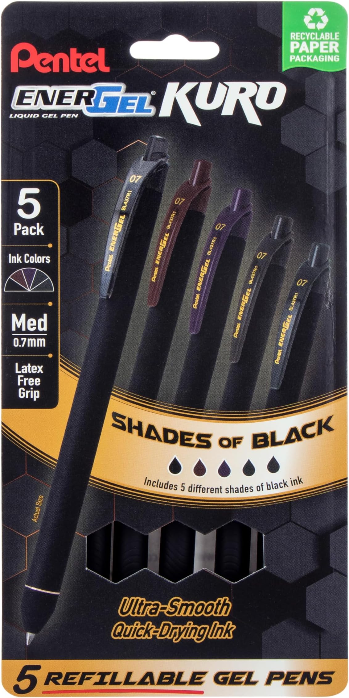 EnerGel Kuro Retractable Liquid Gel Pen, Shades of Black, 0.7mm tip, Assorted black ink, Pack of 5 pens (BL437PF5MA)