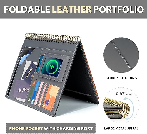 Miniatura 9 de Portapapeles de cuero en espiral de oro rosa con almacenamiento para mujeres, cartera de 5 carpetas con 10 bolsillos, carpeta organizadora plegable