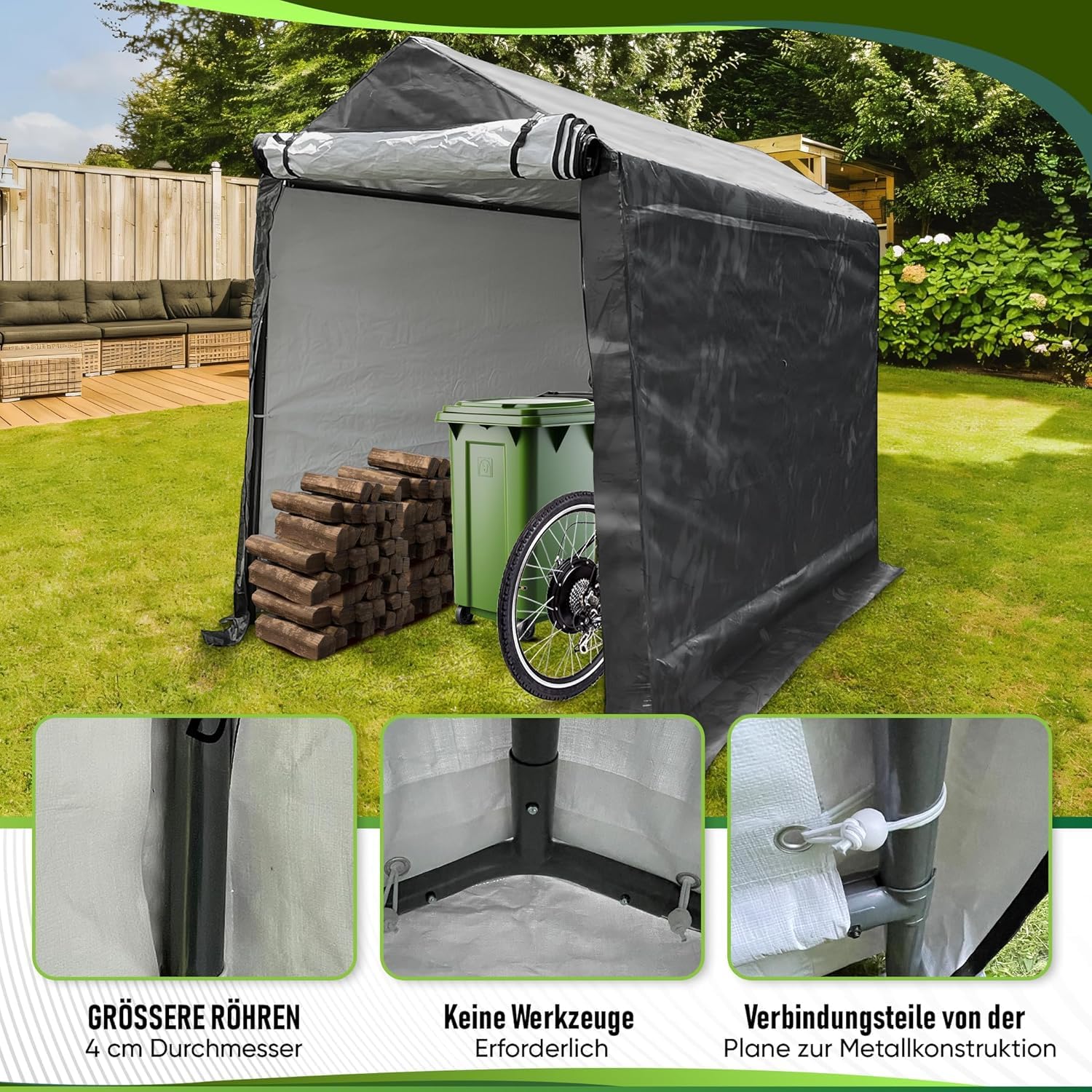 WIELS® Geräteschuppen 170x240x213cm 8,7 m³, Gartenhaus, Fahrradgarage, Fahrradschuppen, Motorradgarage, Folie Werkzeugschuppen, Zeltgarage, Werkzeugzelt (Anthrazit, 240x170x227cms)
