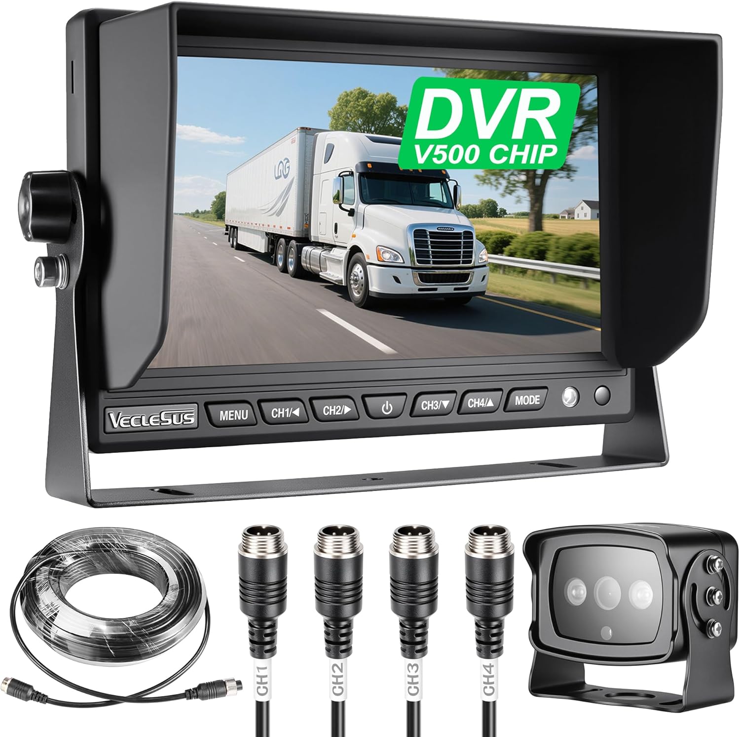 Backup Camera System for Truck, DVR System with Brand V500 chip, VECLESUS VDS HD 1080P 7-Inch Backup Camera System, Waterproof Rearview Camera,4 Video 2 Audio Inputs, for Trucks, RVs,Vans,UVs,Cars