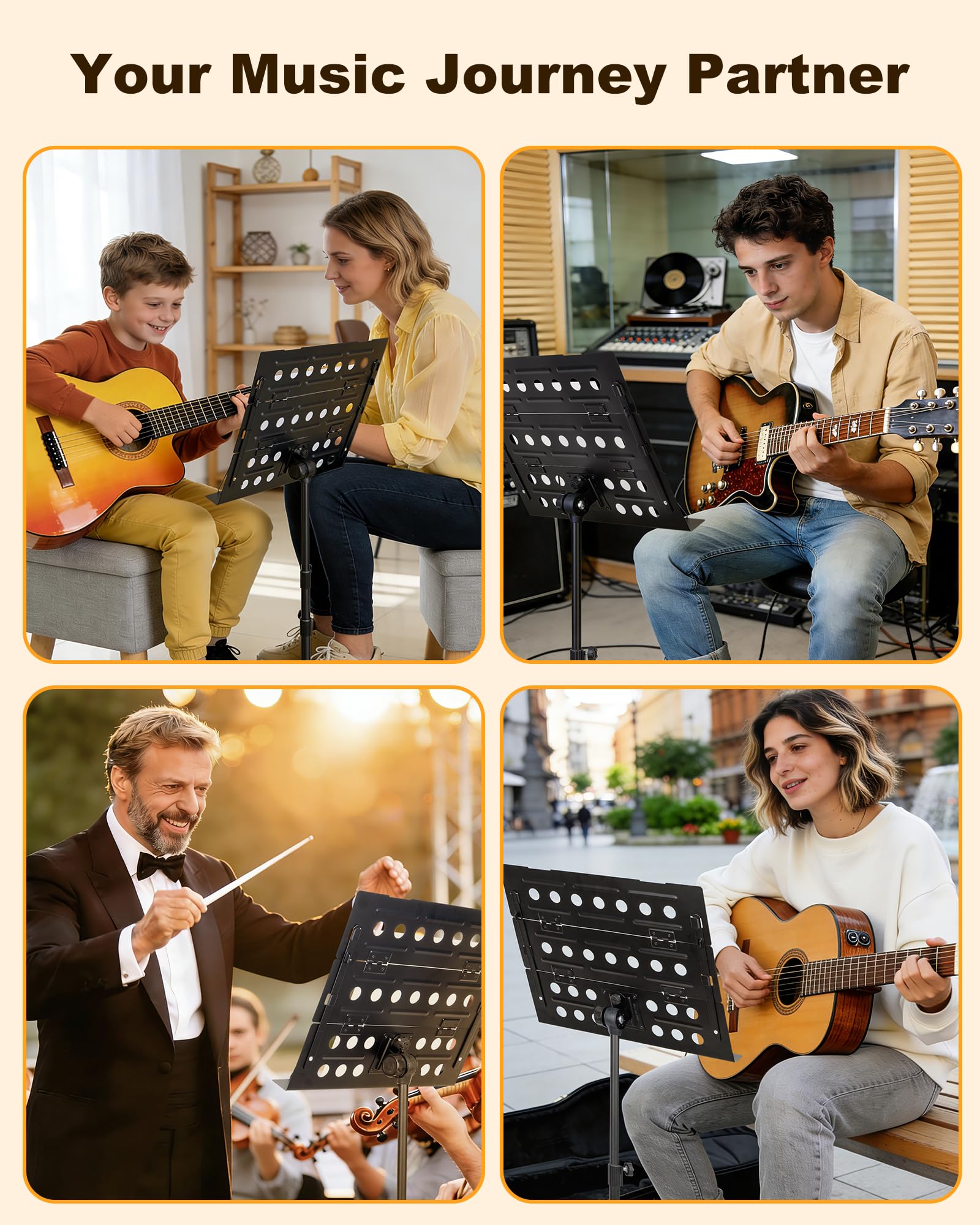 New Bee Atril Música Plegable Soporte para Partituras Estable de Metal, Altura Ajustable, Soporte Plegable con Pies Antideslizantes para para Estudiantes y Profesionales