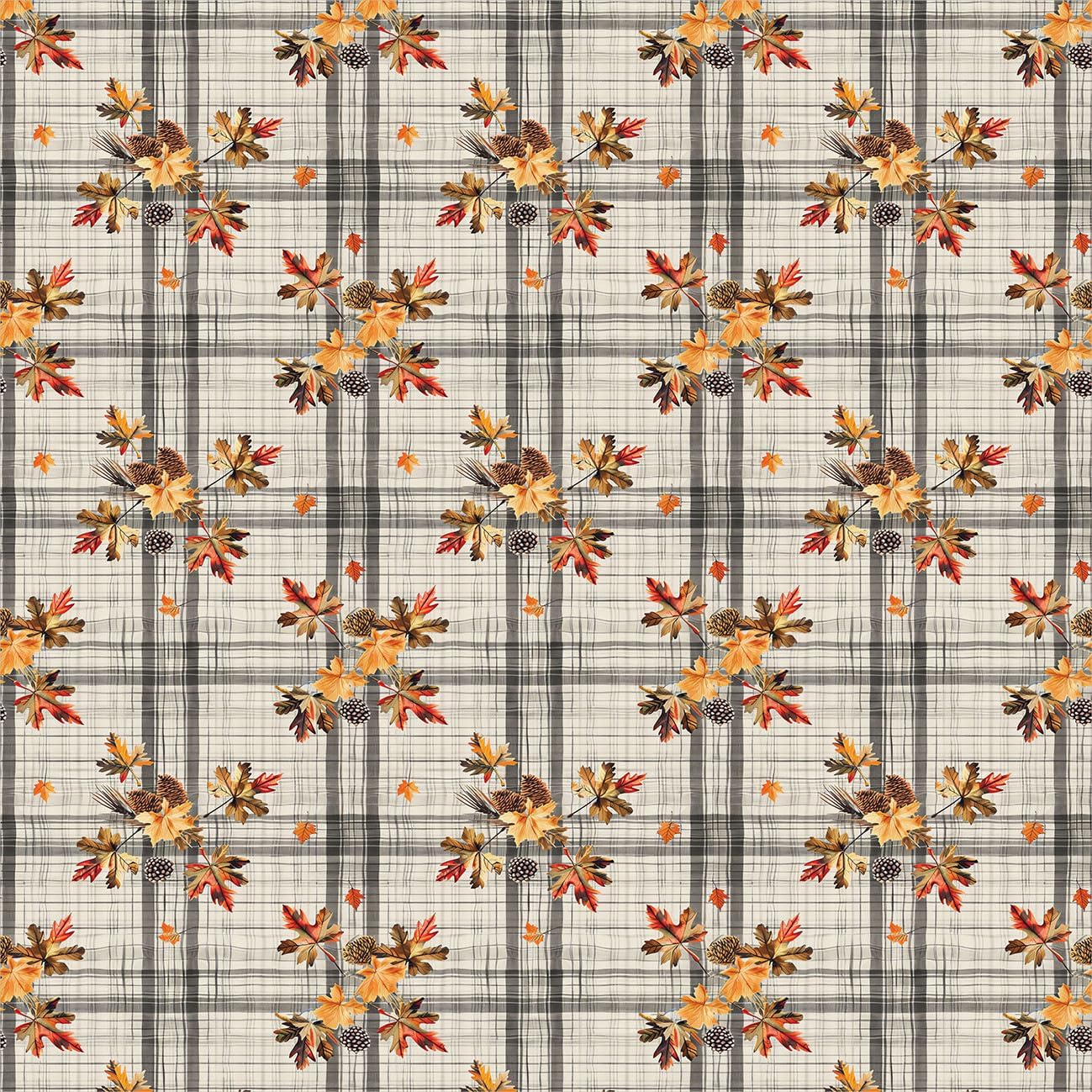 Ambesonne Fall Duvet Cover Set, Bitonal Plaided Background with Pinecones and Maple Leaves Autumn Vibe, Decorative 2 Piece Bedding Set with 1 Pillow Sham, Twin Size, Pale Grey Apricot Brown