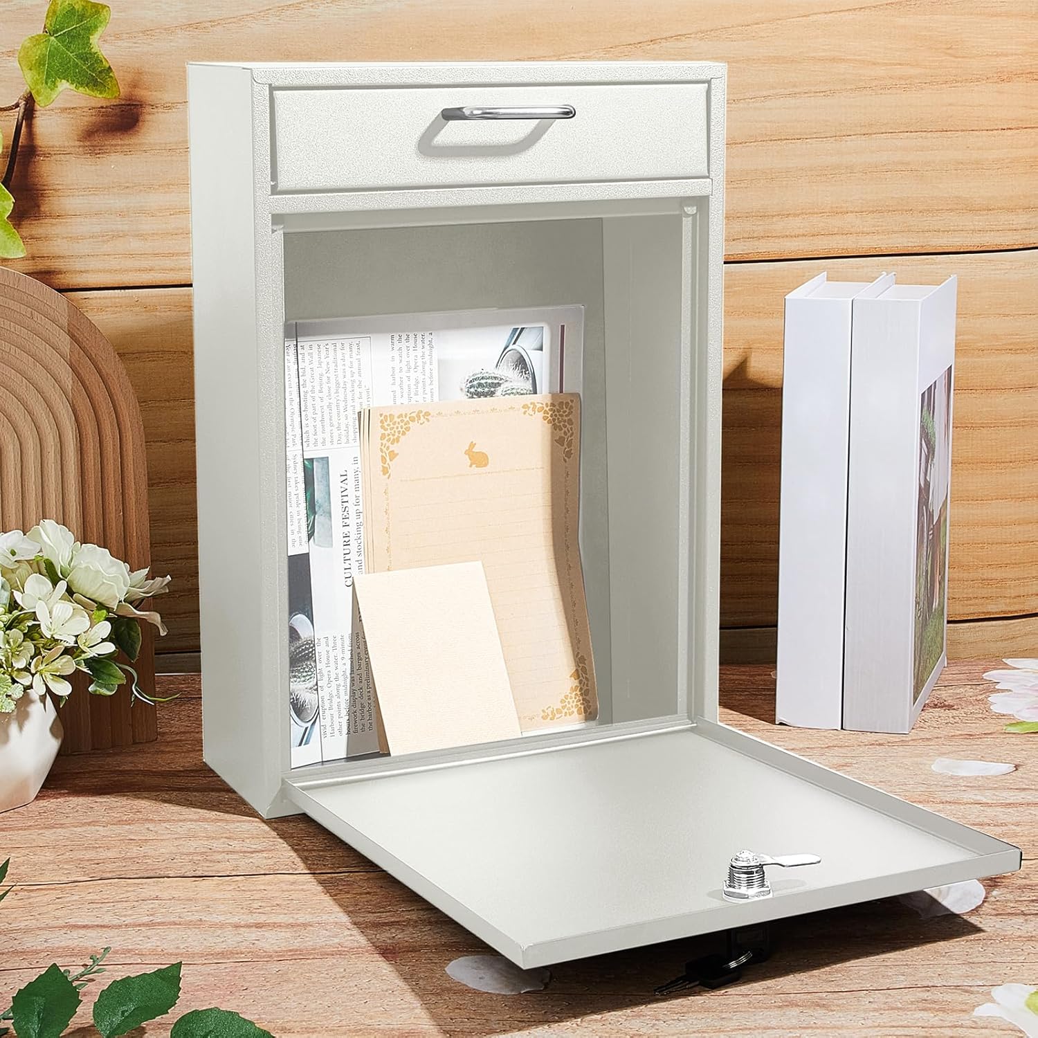 Yaocom Locking Mailbox with Key for Outdoor 16.2 x 11.2 x 4.7 Inches Large Wall Mount Mail Box with Lock Security Mail Drop Metal Collection Boxes Hanging Secure Postbox(Creamy White)