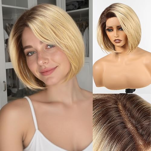 HAIRCUBE Ombre Blonde Synthetik-Spitzenfrontperücke, 25 cm lange gestufte Bob-Pe