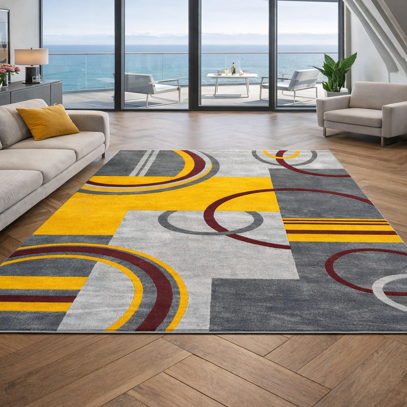 Tapis salon moderne jaune et gris 150x200 cm pour chambre ado et adulte