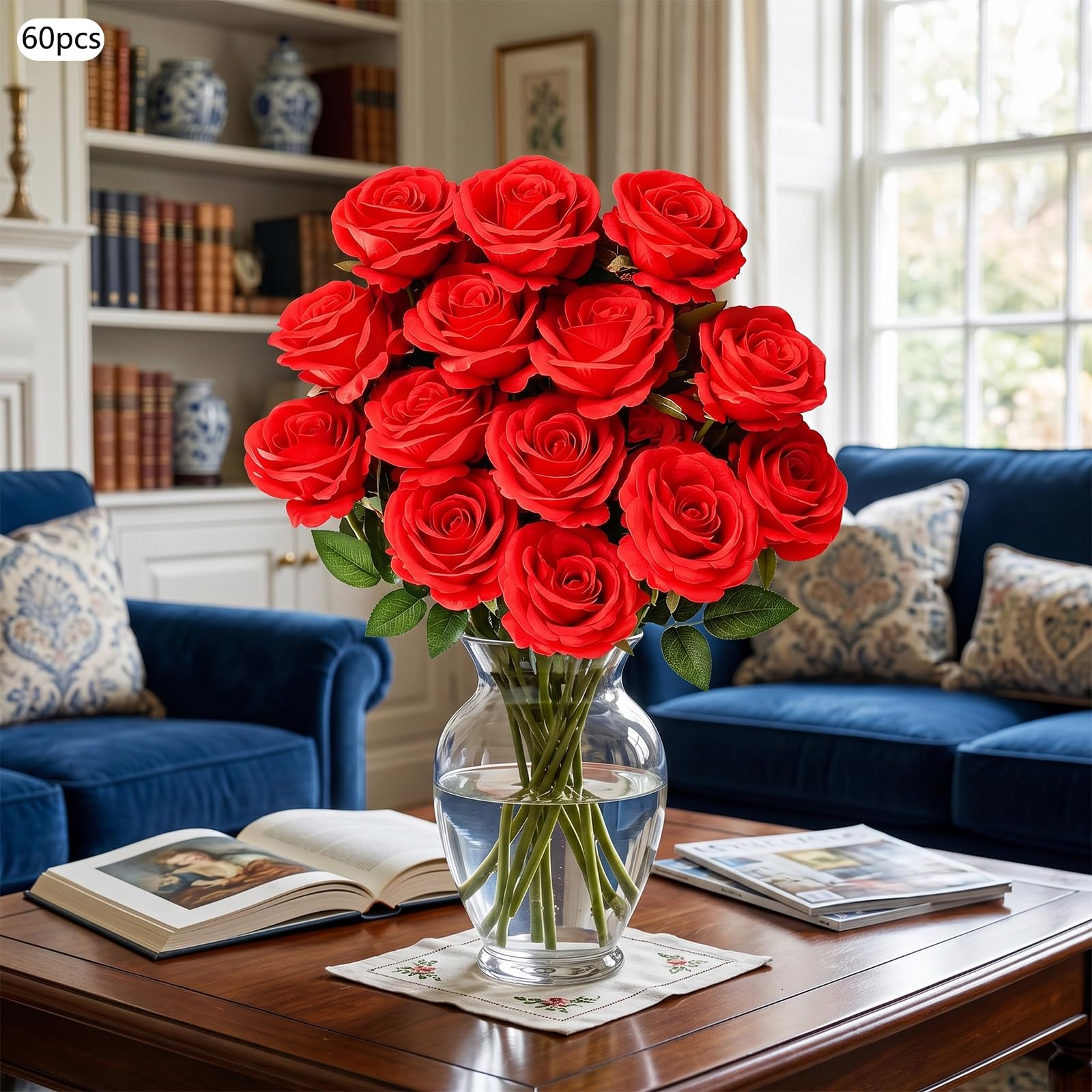 60 rose artificiali in seta, fiori decorativi per la casa (rosso)