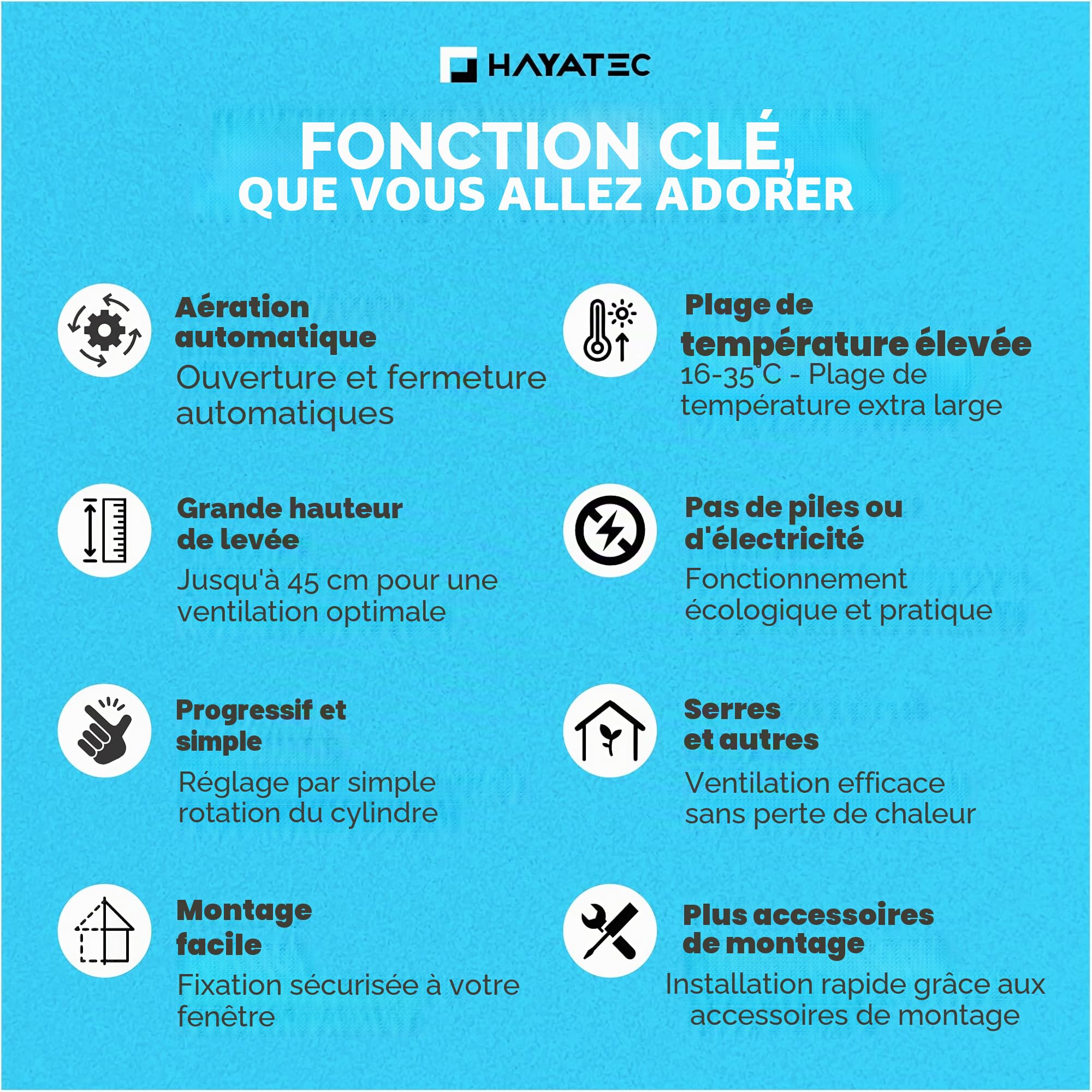 HAYATEC Système d'ouverture automatique pour serre Ouvre-fenêtre pour serre – Régulation de température, sans électricité, robuste et résistant aux intempéries – Capacité de levage de 7 kg, hauteur de