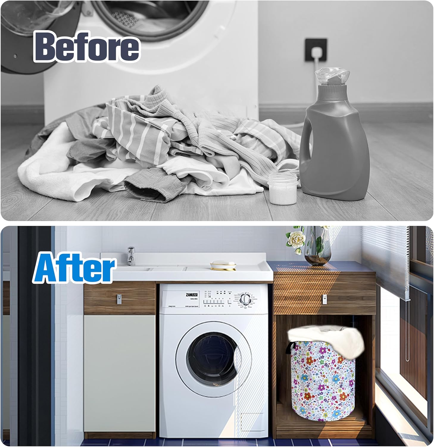 Colorful Artistic Flowers Laundry Basket Floral Foldable Oxford Cloth Funny Tote Bag Laundry Hamper Clothes Storage Bucket Toy Organizer For Bathroom/Laundry Storage/Bedroom 18.9x16.5 Inch